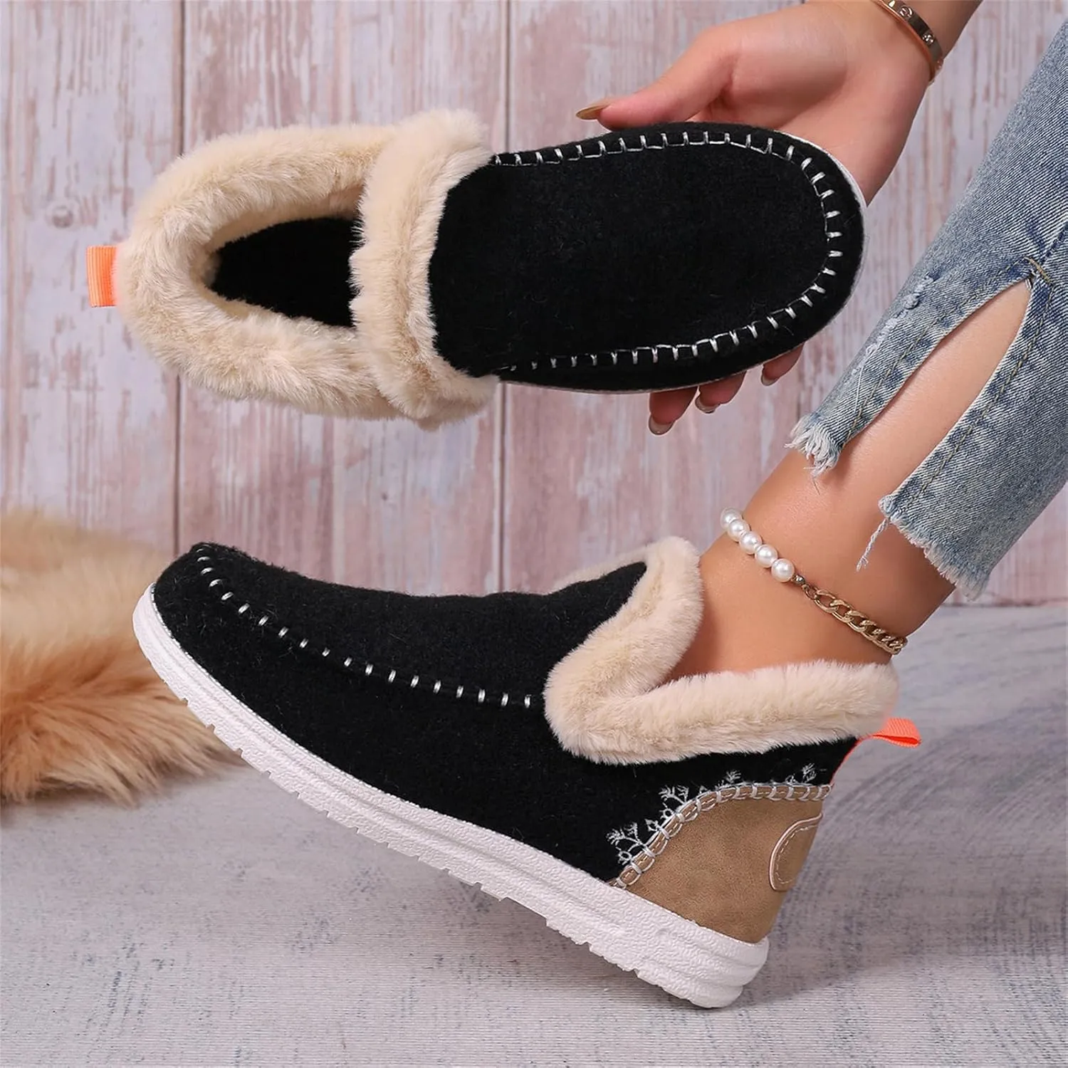 Ladmiple Booties For Women 2024 Warm Fur Lined Winter Snow Ankle Boots Outdoor Short Booties Fashion Slip On Loafers Shoes