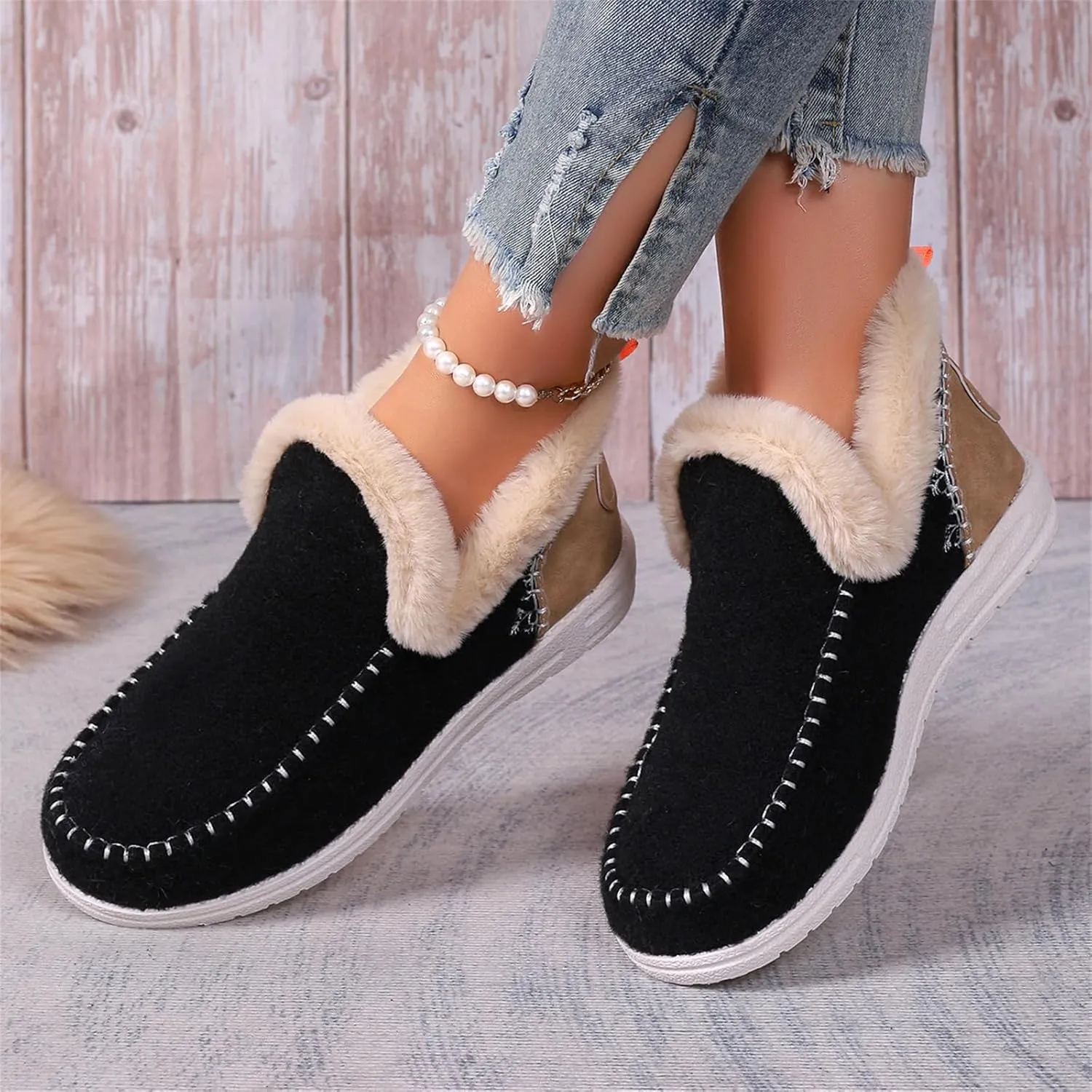 Ladmiple Booties For Women 2024 Warm Fur Lined Winter Snow Ankle Boots Outdoor Short Booties Fashion Slip On Loafers Shoes