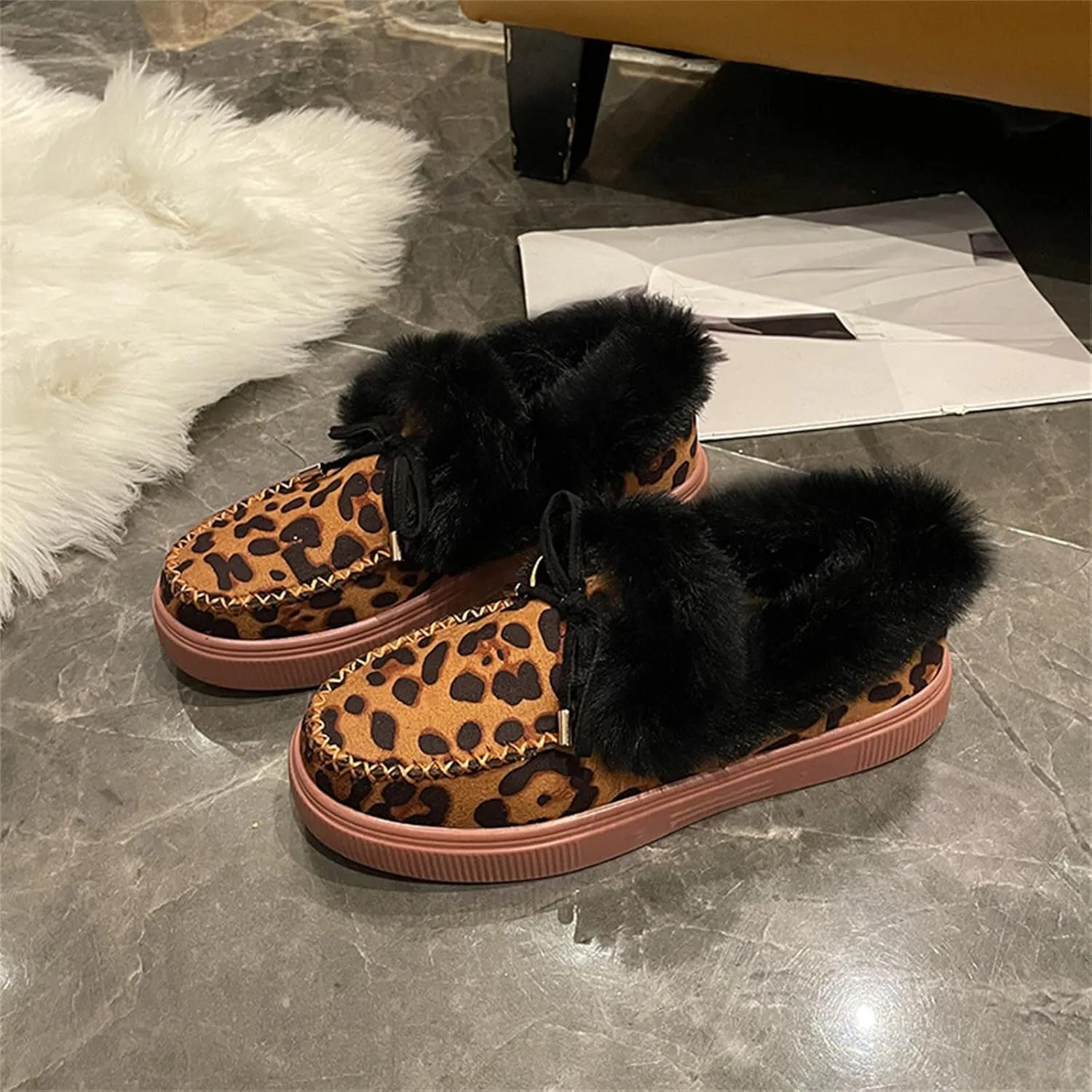 Ladmiple Boots For Women Ankle Booties Winter Slip On Warm Snow Booties Fashion Fur Lined Outdoor Comfortable Walking Shoes