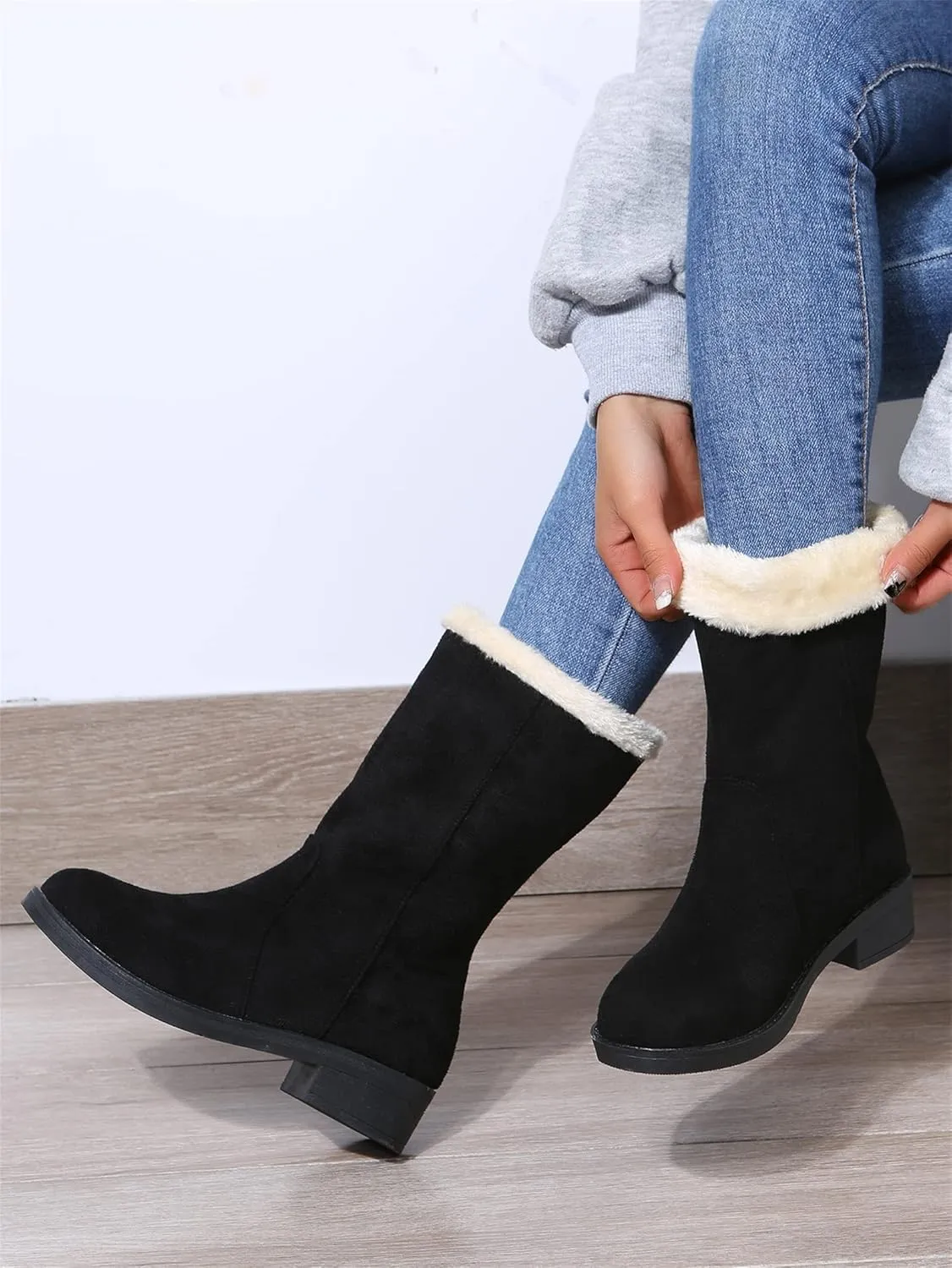 Ladmiple Winter Boots For Women Tall Mid Calf Snow Boots Warm Outdoor Fur Lined Comfortable Fashion Casual Walking Shoes