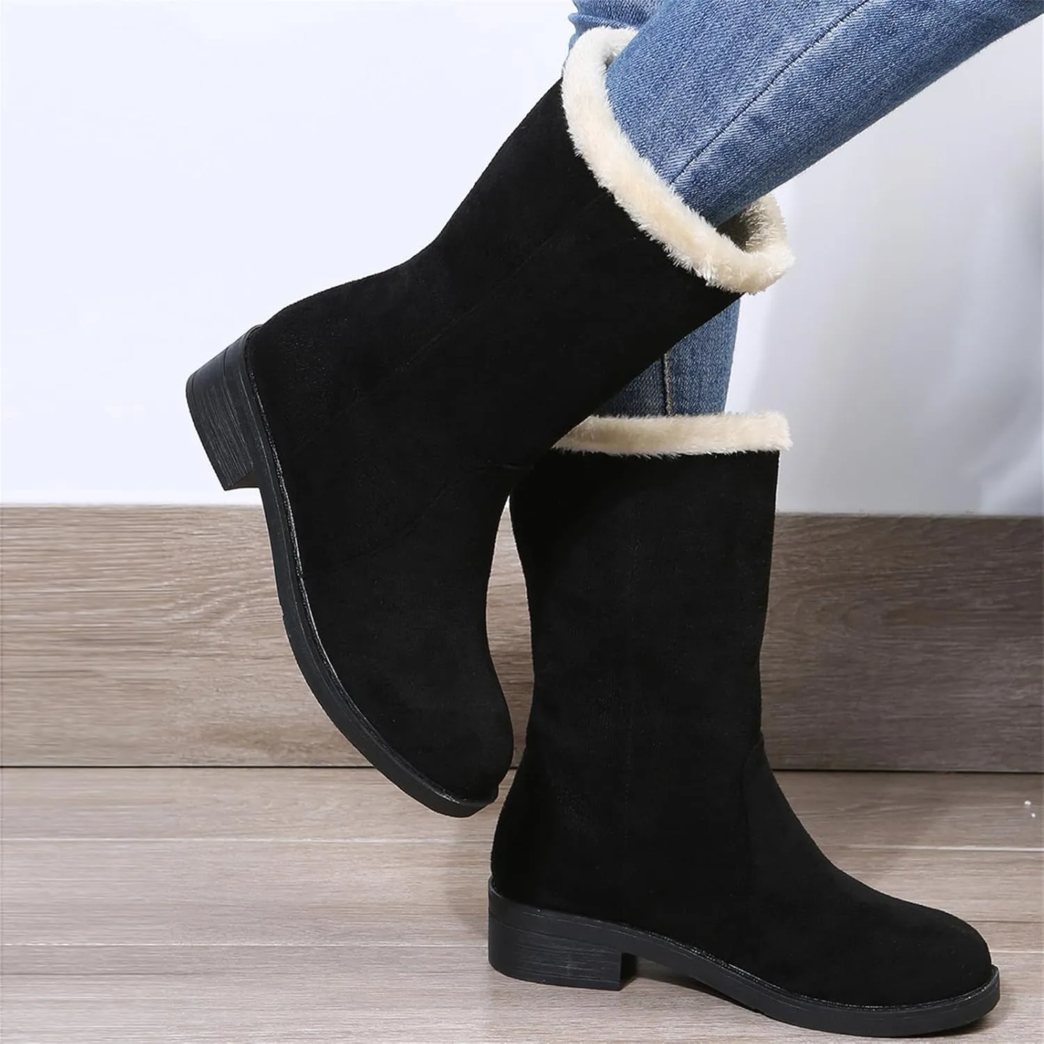 Ladmiple Winter Boots For Women Tall Mid Calf Snow Boots Warm Outdoor Fur Lined Comfortable Fashion Casual Walking Shoes