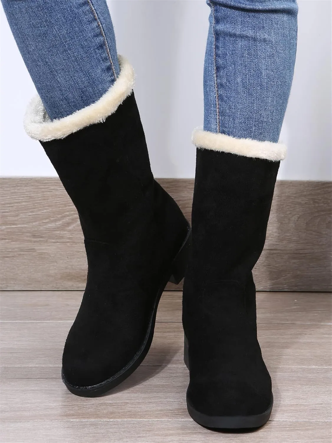 Ladmiple Winter Boots For Women Tall Mid Calf Snow Boots Warm Outdoor Fur Lined Comfortable Fashion Casual Walking Shoes