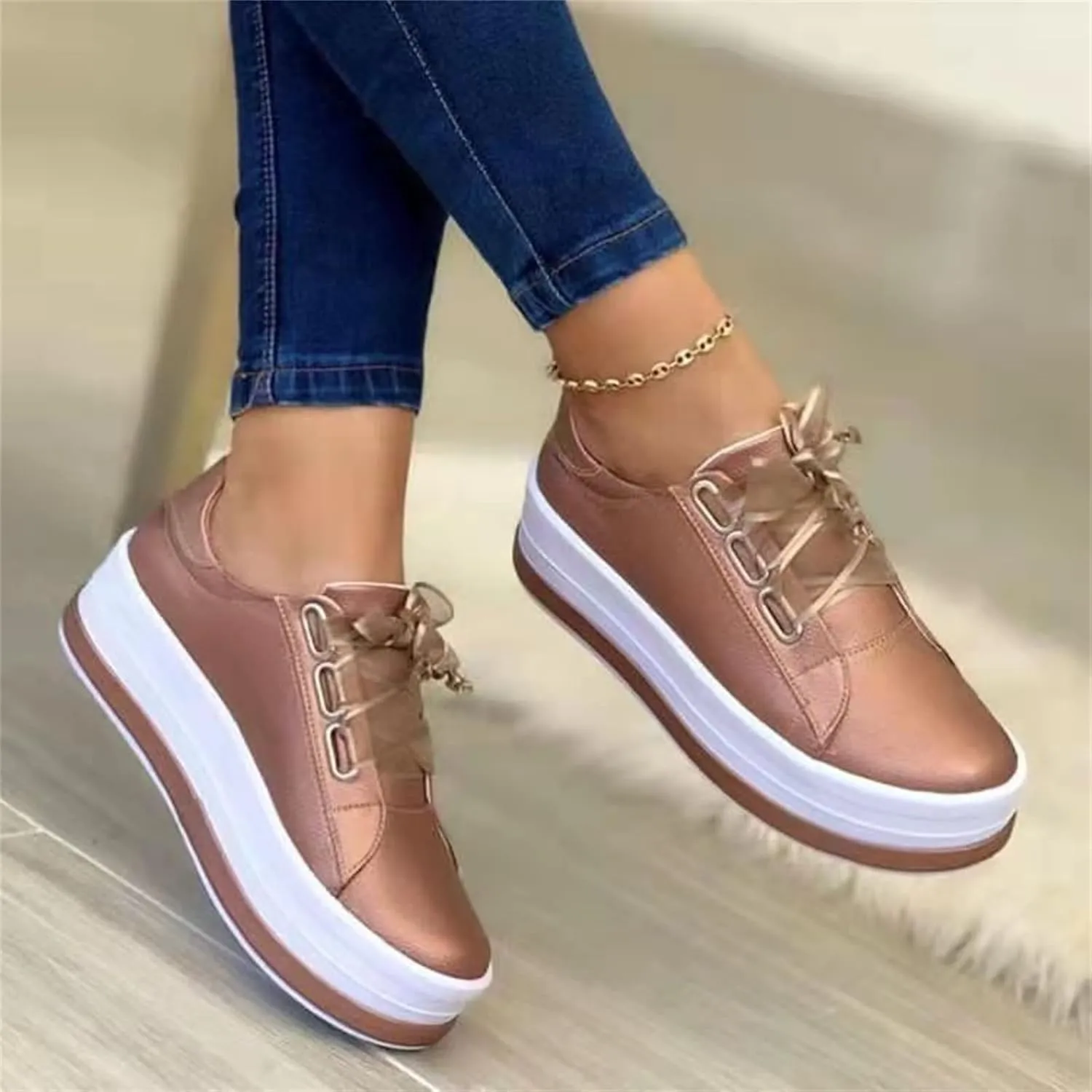 Loafers for Women Dressy Leather Womens Leather Sneakers Lace ups Casual Walking Shoes Dressy Summer Fashion Slip On Comfortable Platform Flats Loafers Rosegold