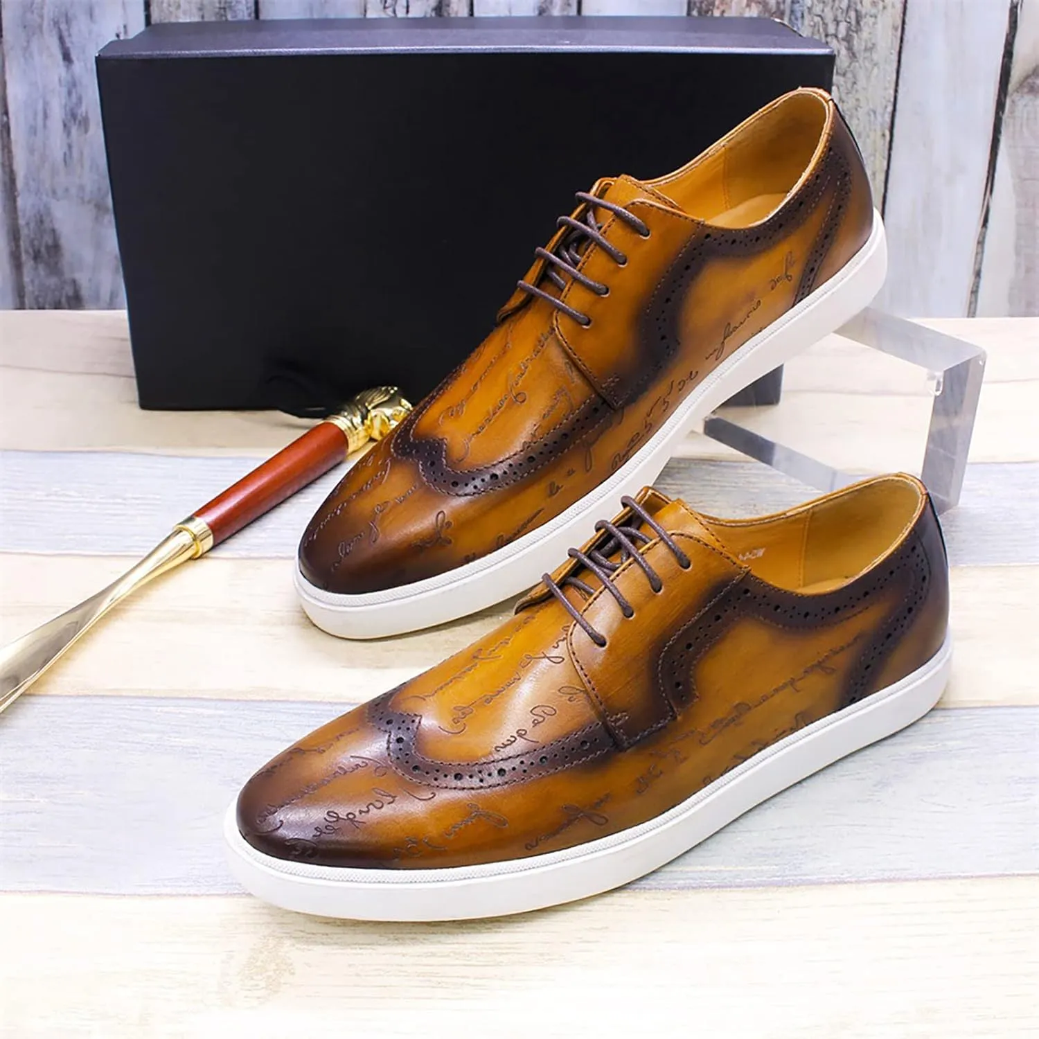 Men Classic Casual Shoes Real Leather Lace-ups Uniform Dress Shoes Work Office Comfortable Breathable,Brown-40