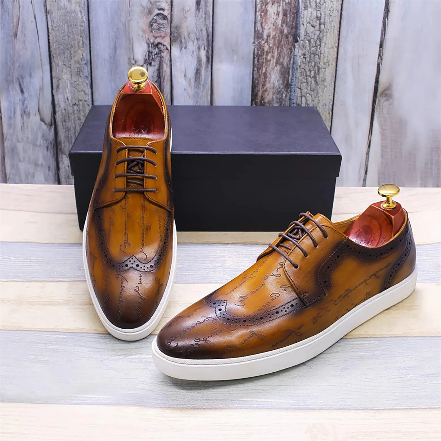 Men Classic Casual Shoes Real Leather Lace-ups Uniform Dress Shoes Work Office Comfortable Breathable,Brown-40