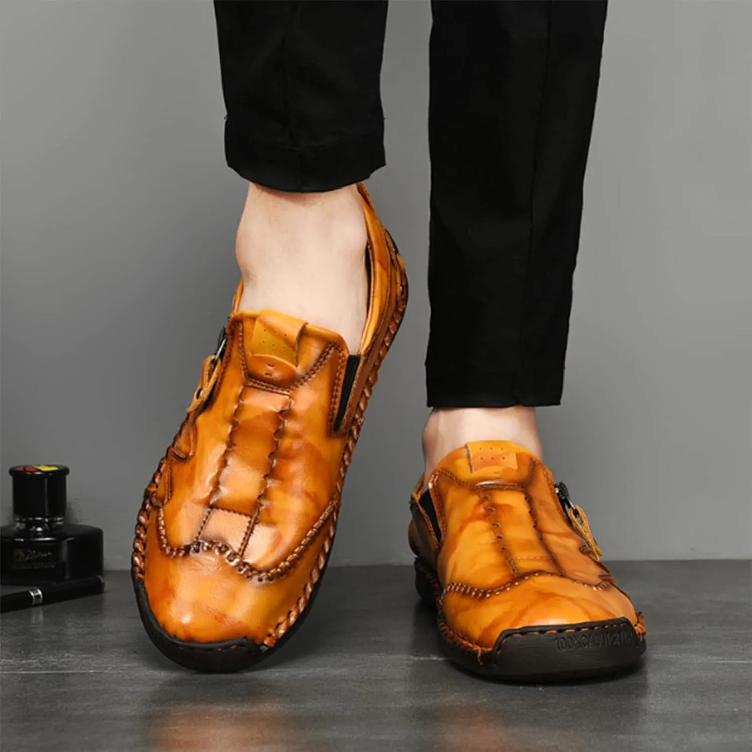 Men Leather Loafer Slip On Comfortable Round Toe Handmade Breathable Soft Sole Walking Flat Penny Work Shoes Driving Shoes for Men