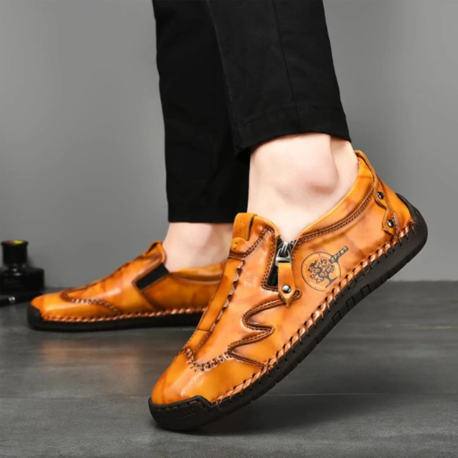 Men Leather Loafer Slip On Comfortable Round Toe Handmade Breathable Soft Sole Walking Flat Penny Work Shoes Driving Shoes for Men