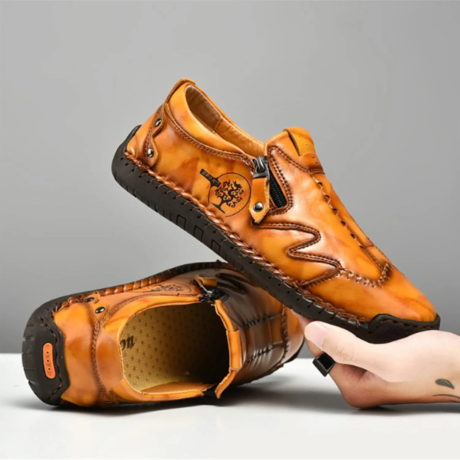 Men Leather Loafer Slip On Comfortable Round Toe Handmade Breathable Soft Sole Walking Flat Penny Work Shoes Driving Shoes for Men