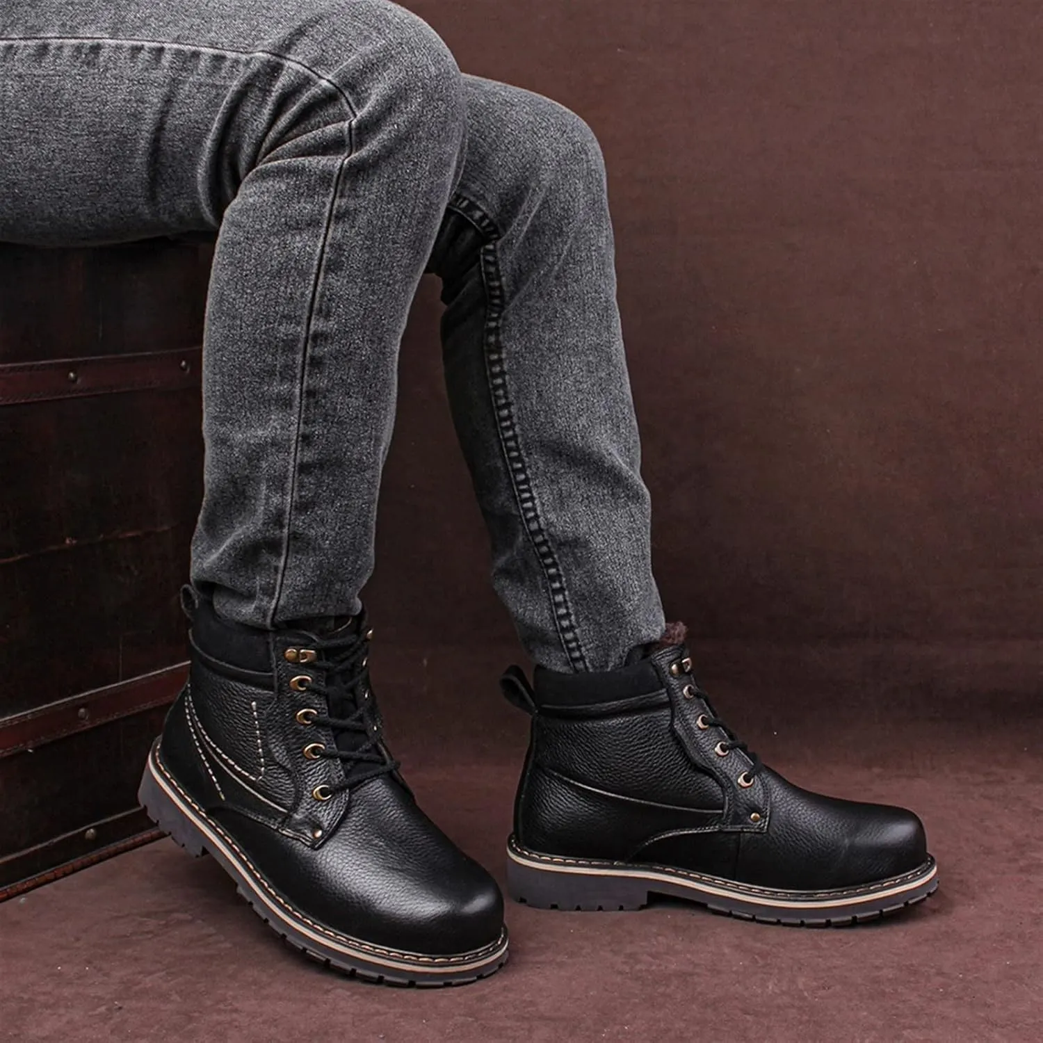 Mens Boots Genuine leather men's winter snow boots Thermal full leather men's winter shoes.