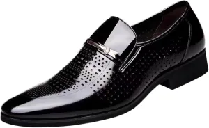 Mens Breathable Business Formal Shoes Comfortable Patent Leather Shoes for Men Low Heel Retro Dress Shoe Arch Support Brogues for Men Durable Daily Office Work Wear Slip on Foootwear Man