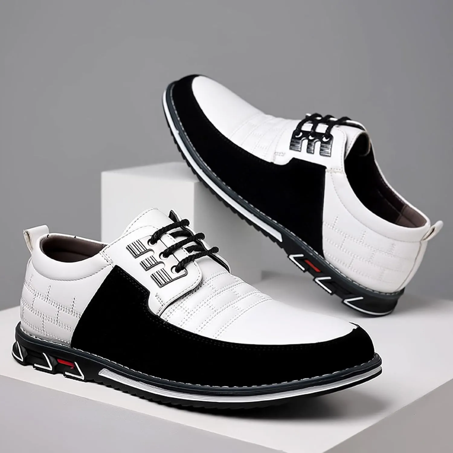 Mens Casual Business Formal Shoes Lace up Office Work Shoes Elegant Dress Shoe Comfortable Falt Walking Leather Shoe Black White Oxfords Retro Flat Oxfords Men Casual Dress Derby
