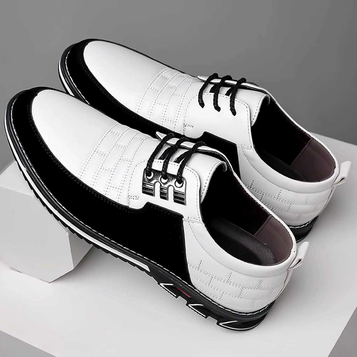 Mens Casual Business Formal Shoes Lace up Office Work Shoes Elegant Dress Shoe Comfortable Falt Walking Leather Shoe Black White Oxfords Retro Flat Oxfords Men Casual Dress Derby