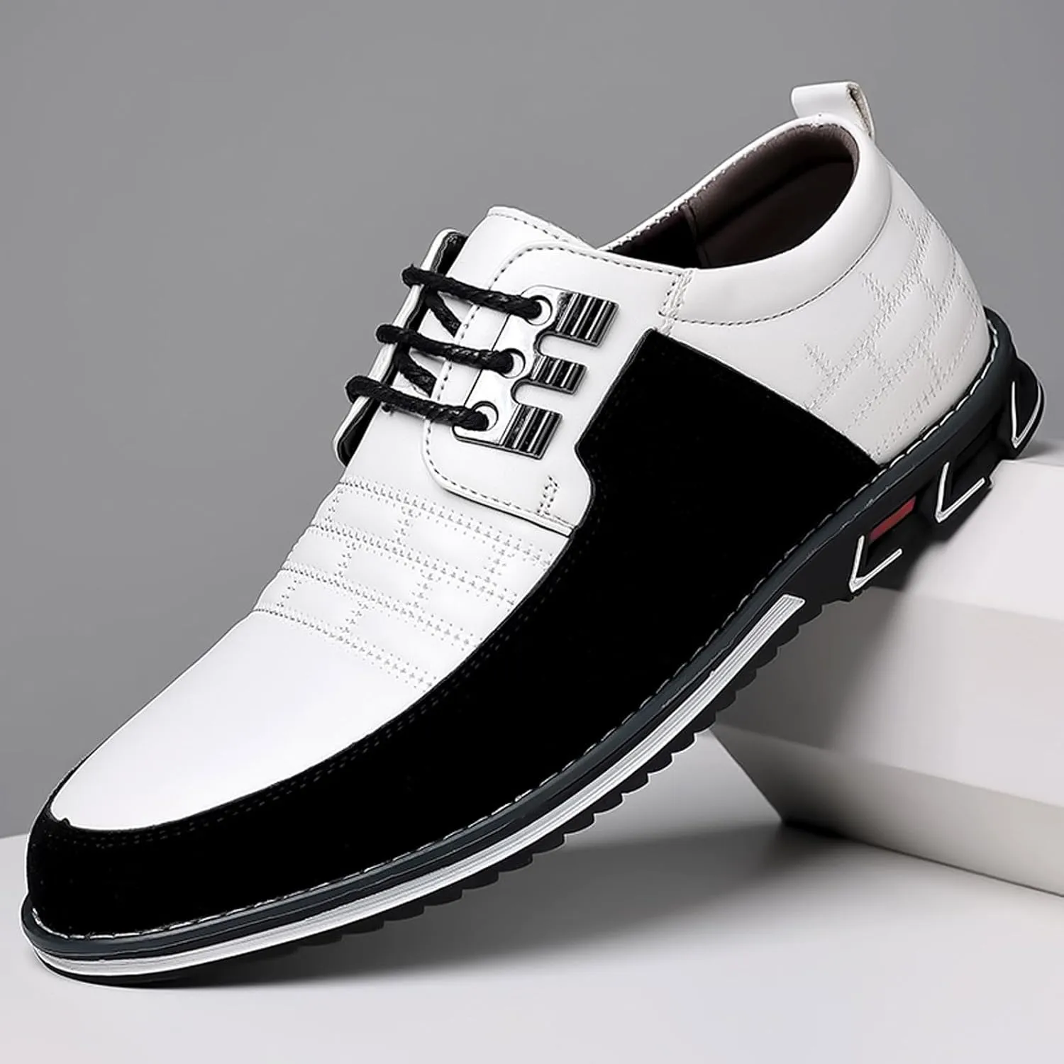 Mens Casual Business Formal Shoes Lace up Office Work Shoes Elegant Dress Shoe Comfortable Falt Walking Leather Shoe Black White Oxfords Retro Flat Oxfords Men Casual Dress Derby