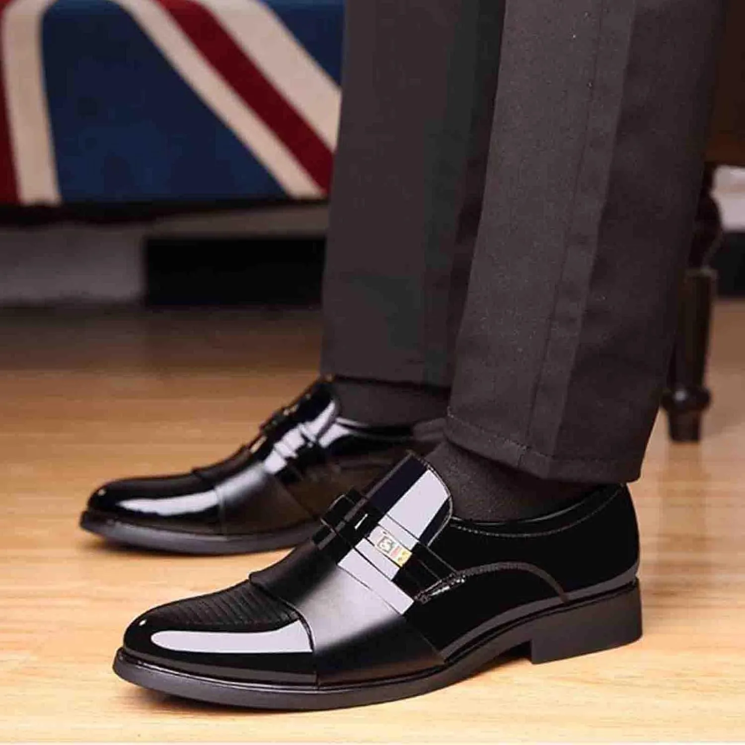 Mens Casual Business Shoes Patent Leather Shoes for Men Comfortable Formal Footwear Slip on Cap Toe Oxfords for Men Arch Support Walking Leather Shoe Daily Dress Shoe Man
