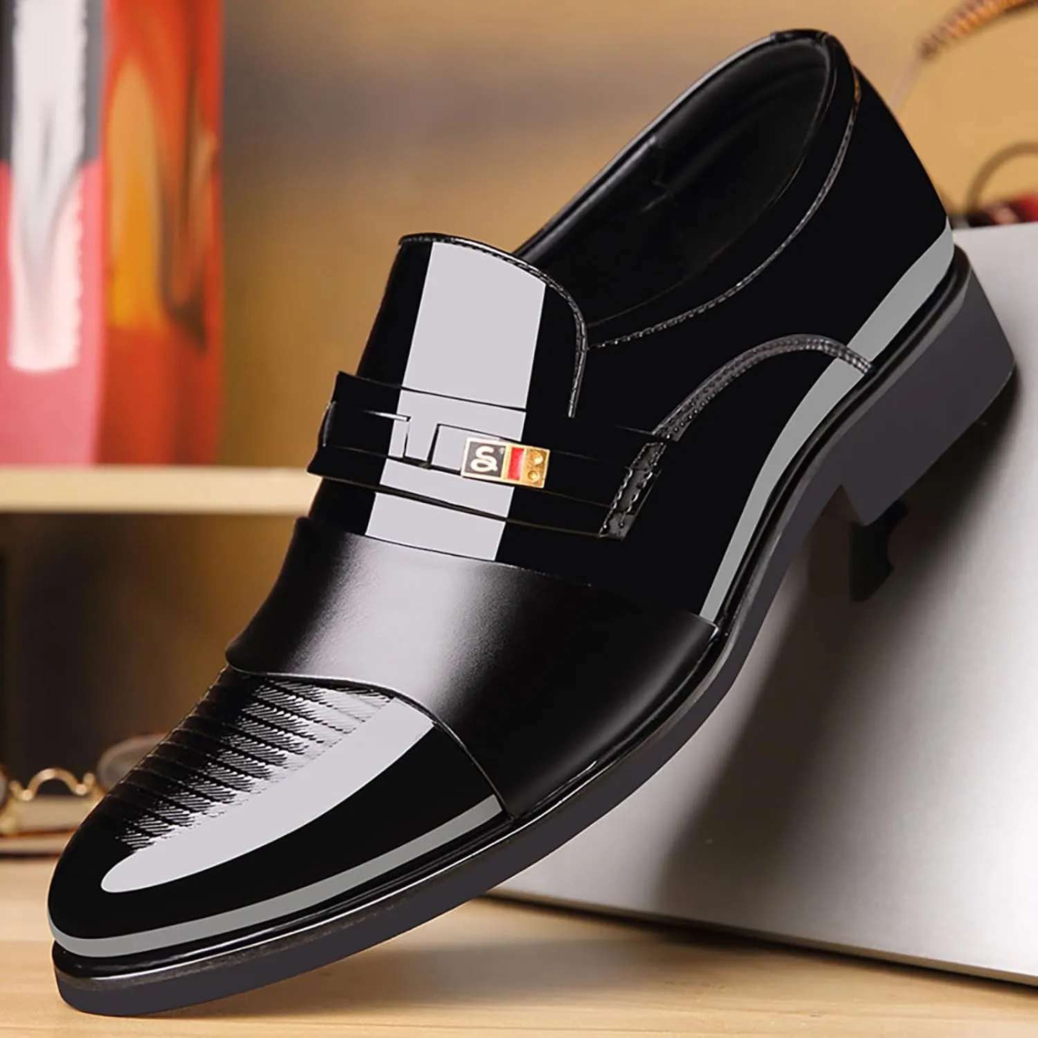 Mens Casual Business Shoes Patent Leather Shoes for Men Comfortable Formal Footwear Slip on Cap Toe Oxfords for Men Arch Support Walking Leather Shoe Daily Dress Shoe Man