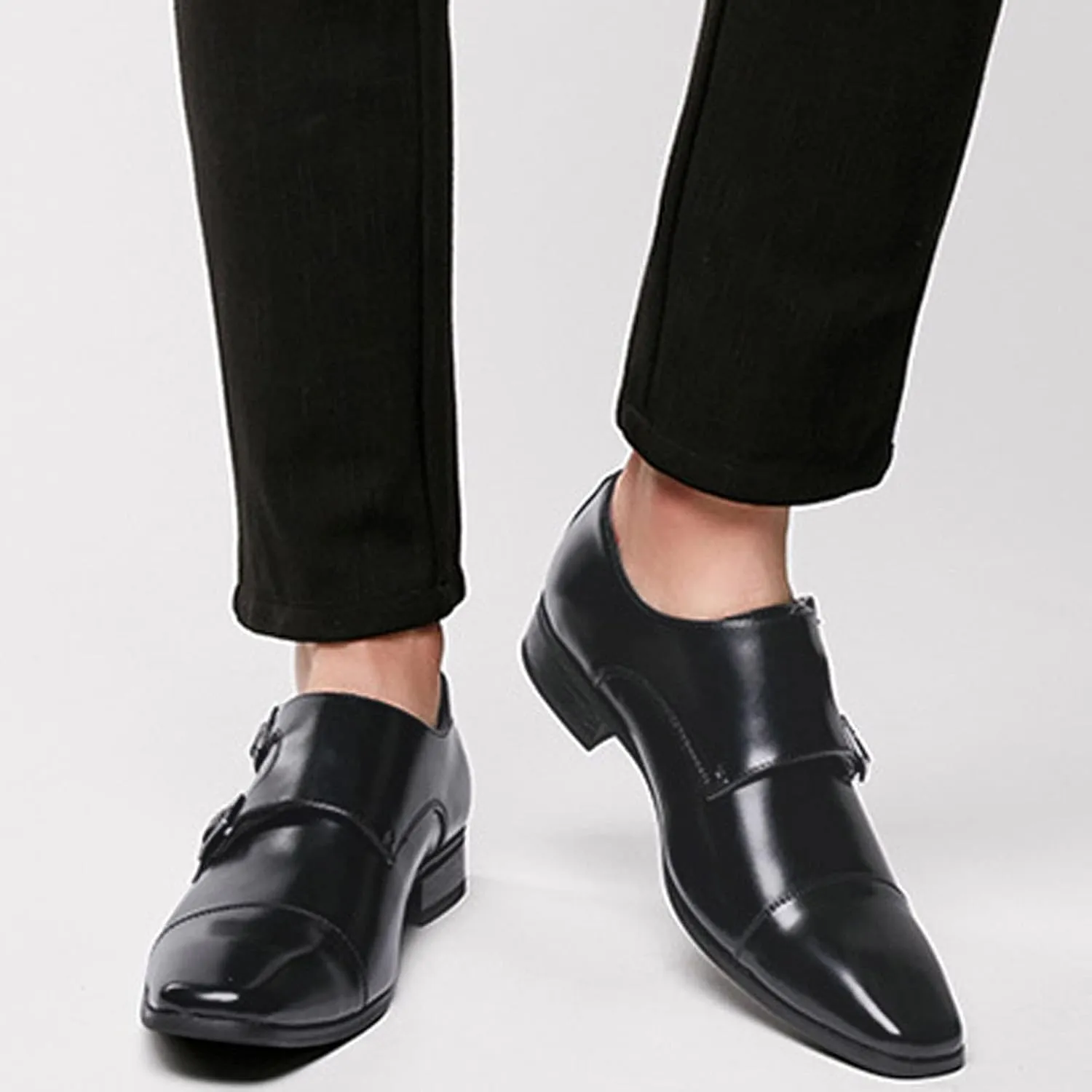 Men's Double Buckle Monk Strap Retro Dress Leather Shoes Men Non Slip Business Formal Shoes Pointed Toe Supple Leather Shoe Elegant Dating Weding Shoe Borwn Suit Footwear Office Work