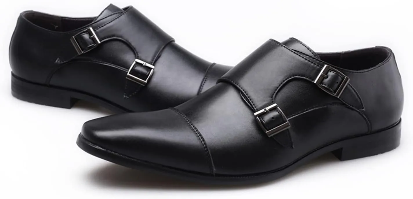 Men's Double Buckle Monk Strap Retro Dress Leather Shoes Men Non Slip Business Formal Shoes Pointed Toe Supple Leather Shoe Elegant Dating Weding Shoe Borwn Suit Footwear Office Work