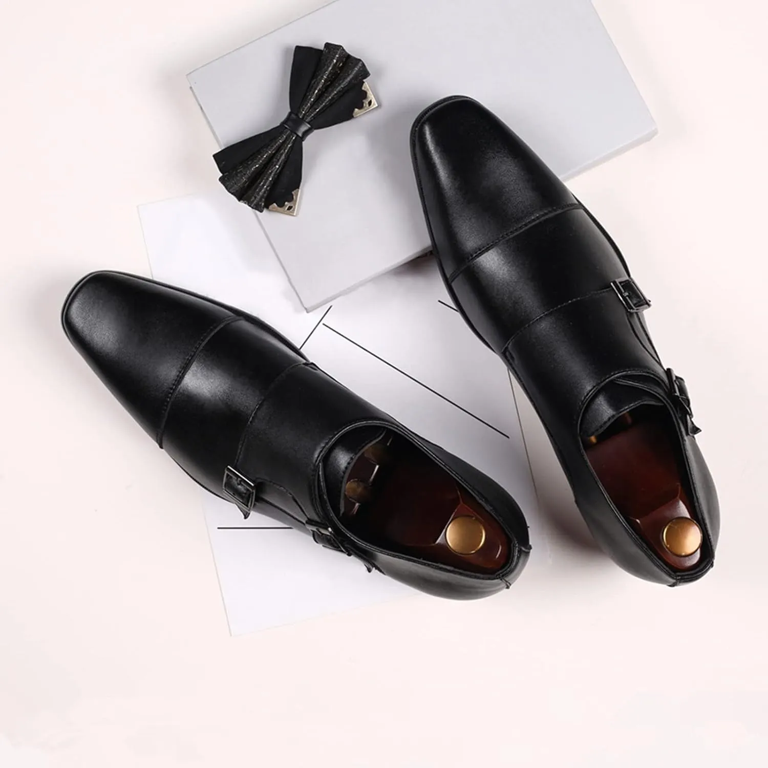 Men's Double Buckle Monk Strap Retro Dress Leather Shoes Men Non Slip Business Formal Shoes Pointed Toe Supple Leather Shoe Elegant Dating Weding Shoe Borwn Suit Footwear Office Work