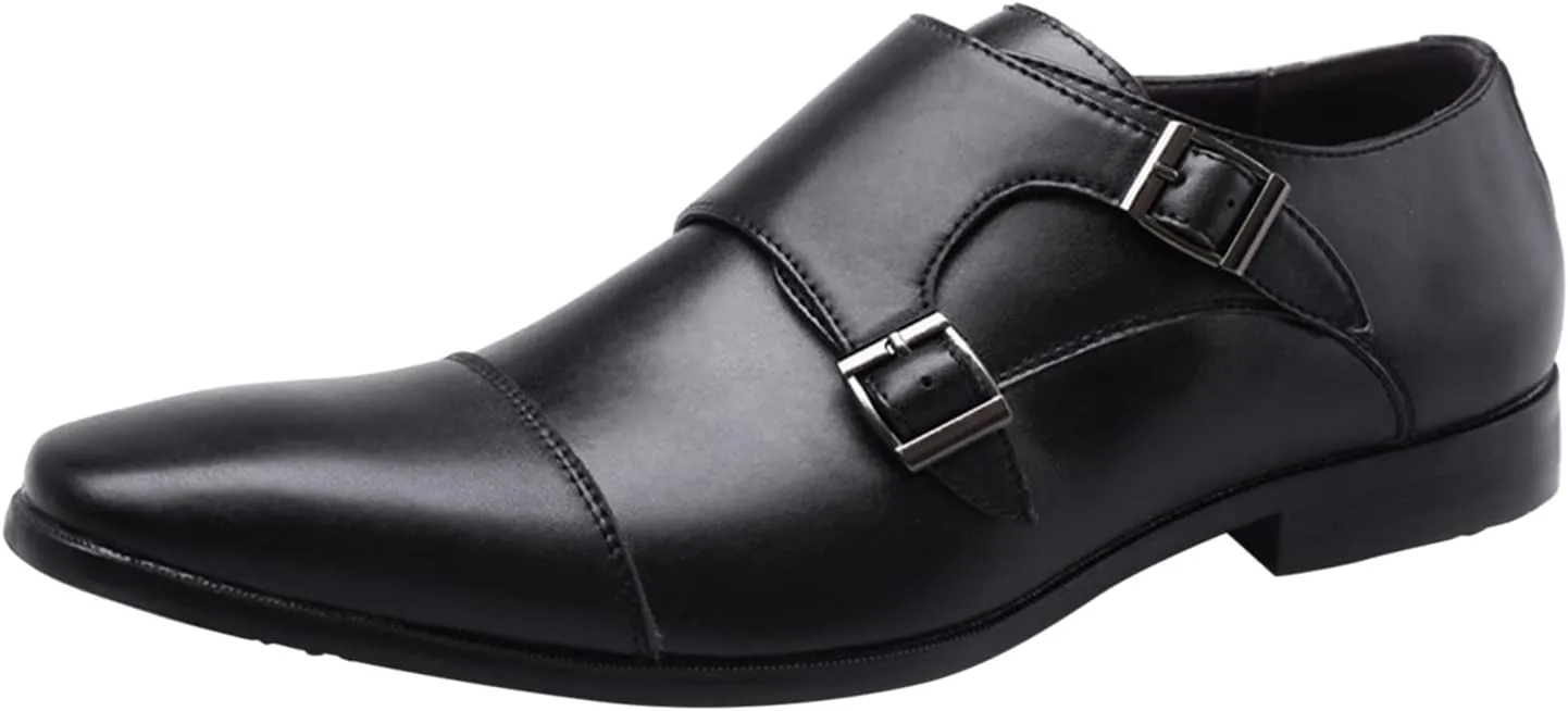 Men's Double Buckle Monk Strap Retro Dress Leather Shoes Men Non Slip Business Formal Shoes Pointed Toe Supple Leather Shoe Elegant Dating Weding Shoe Borwn Suit Footwear Office Work