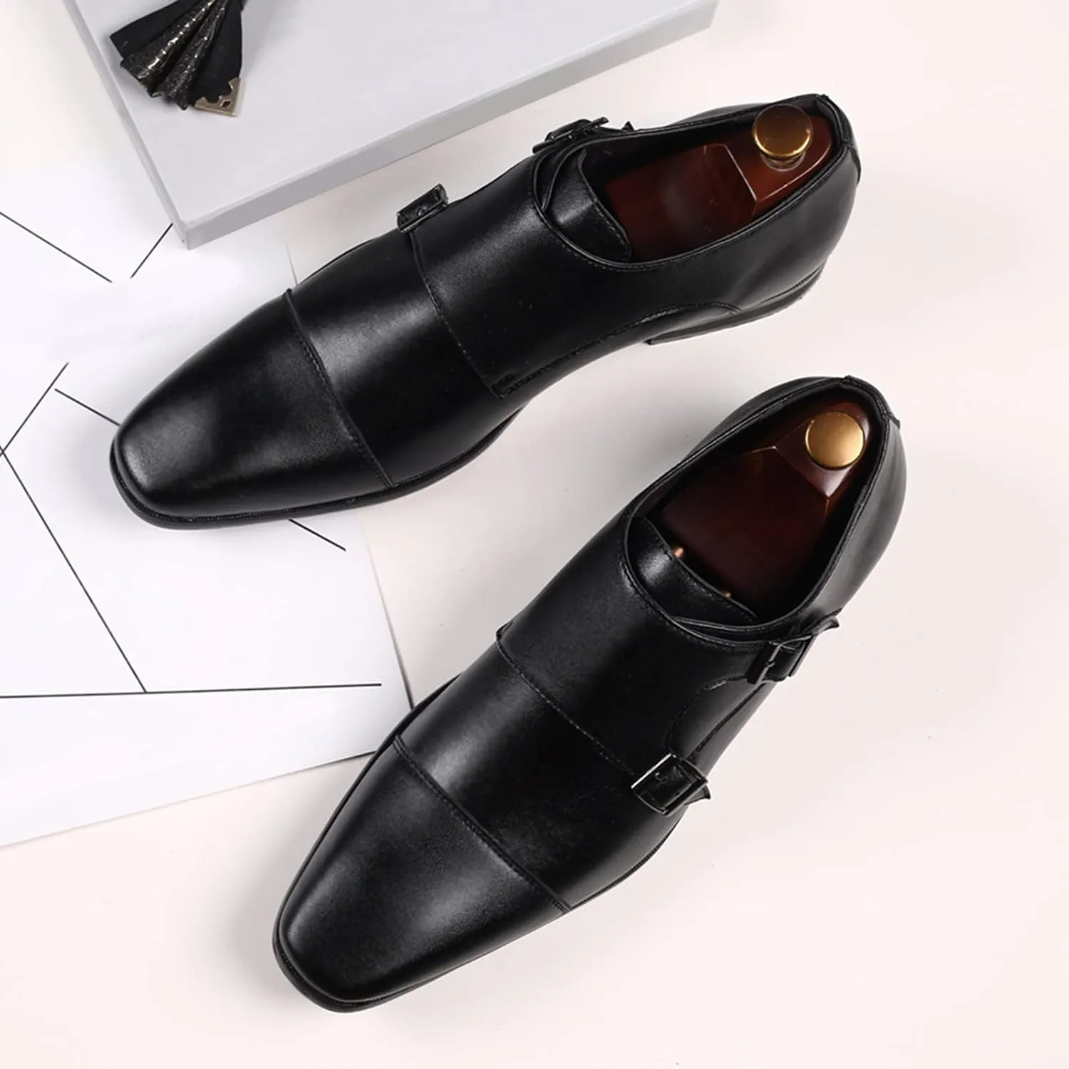 Men's Double Buckle Monk Strap Retro Dress Leather Shoes Men Non Slip Business Formal Shoes Pointed Toe Supple Leather Shoe Elegant Dating Weding Shoe Borwn Suit Footwear Office Work