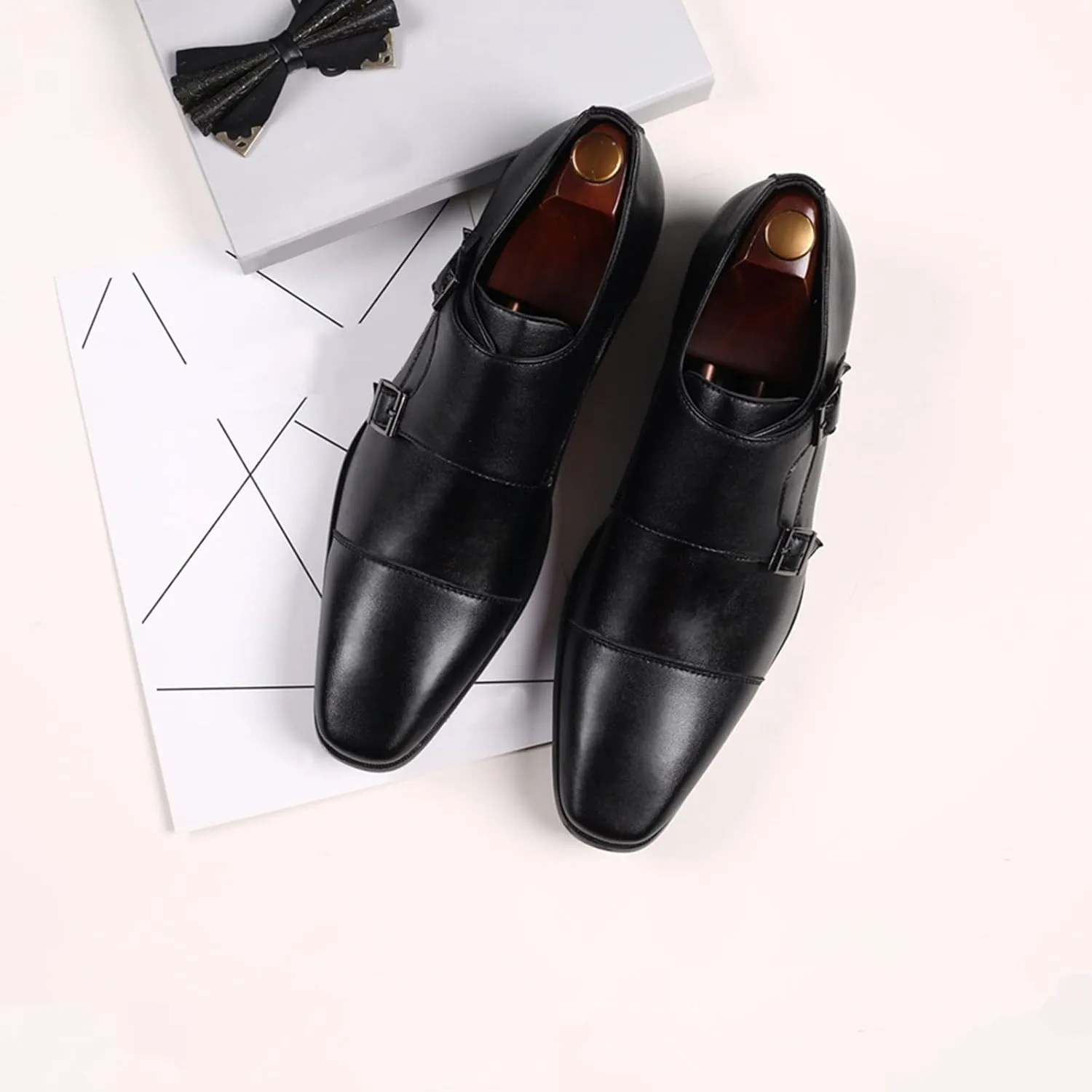 Men's Double Buckle Monk Strap Retro Dress Leather Shoes Men Non Slip Business Formal Shoes Pointed Toe Supple Leather Shoe Elegant Dating Weding Shoe Borwn Suit Footwear Office Work
