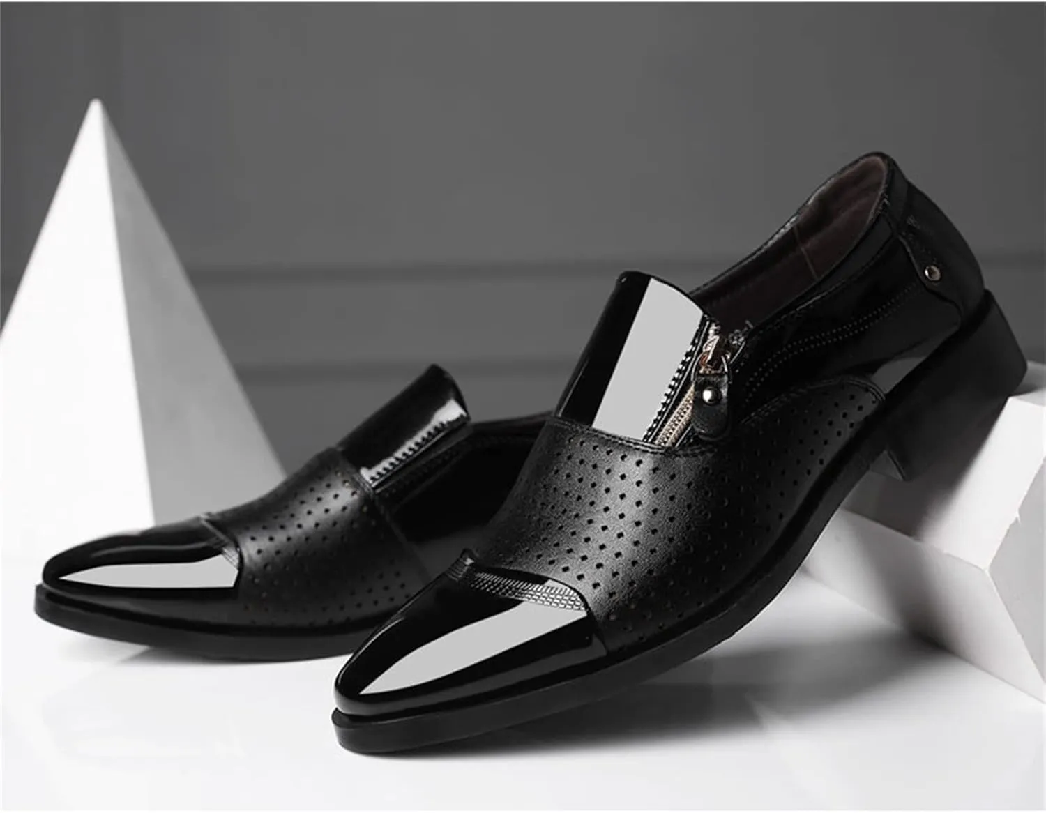 Men's Dress Shoes Black Size 15 Fashion Summer and Autumn Men Leather Shoes Pointed Toe Low Heel Zipper Hollow Breathable Leisure Mens Shoes Business Casual