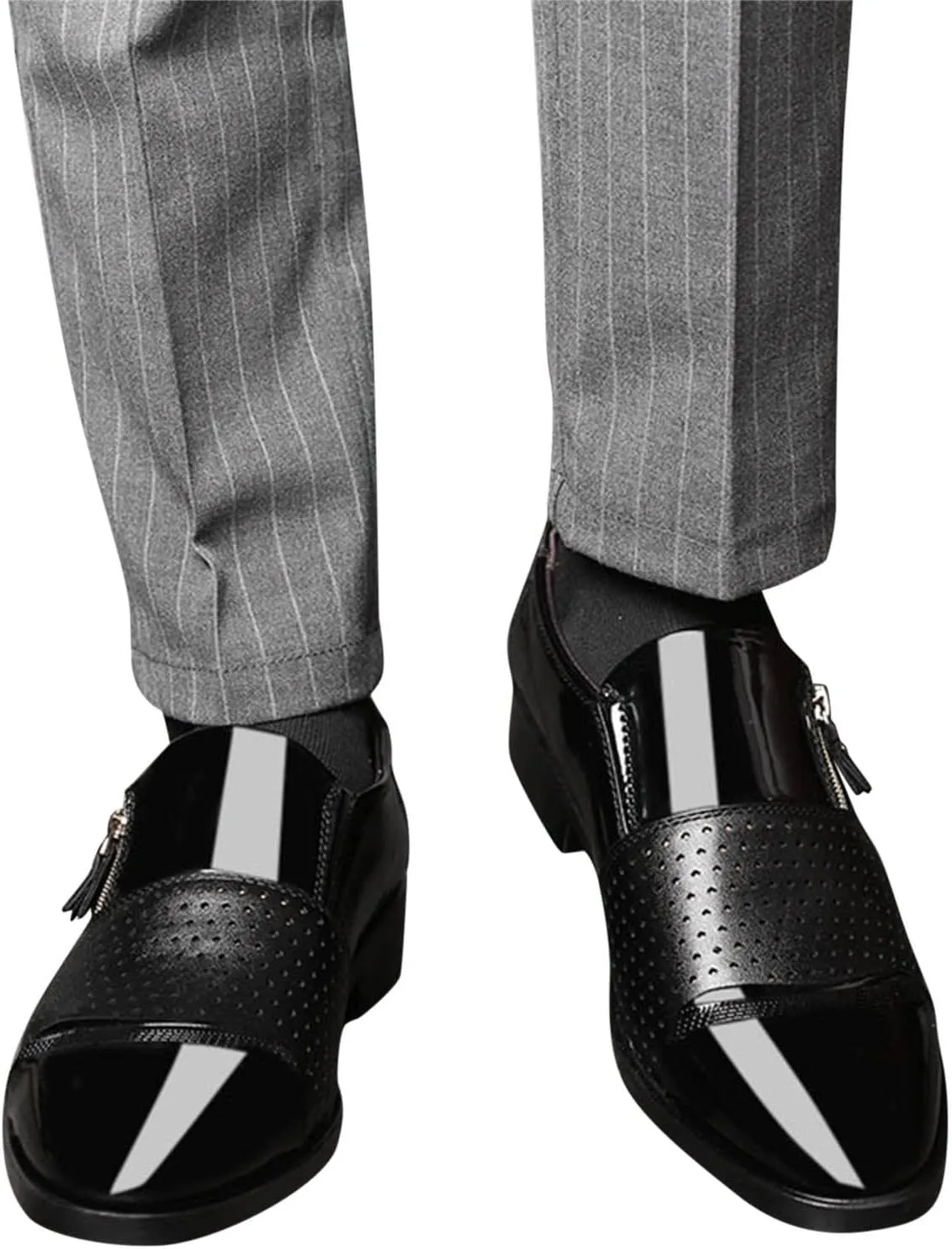 Men's Dress Shoes Black Size 15 Fashion Summer and Autumn Men Leather Shoes Pointed Toe Low Heel Zipper Hollow Breathable Leisure Mens Shoes Business Casual