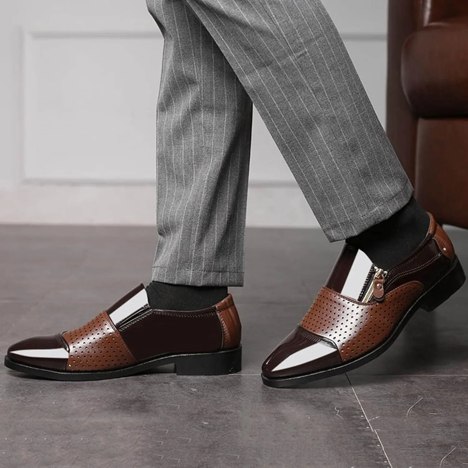 Men's Dress Shoes Black Size 15 Fashion Summer and Autumn Men Leather Shoes Pointed Toe Low Heel Zipper Hollow Breathable Leisure Mens Shoes Business Casual