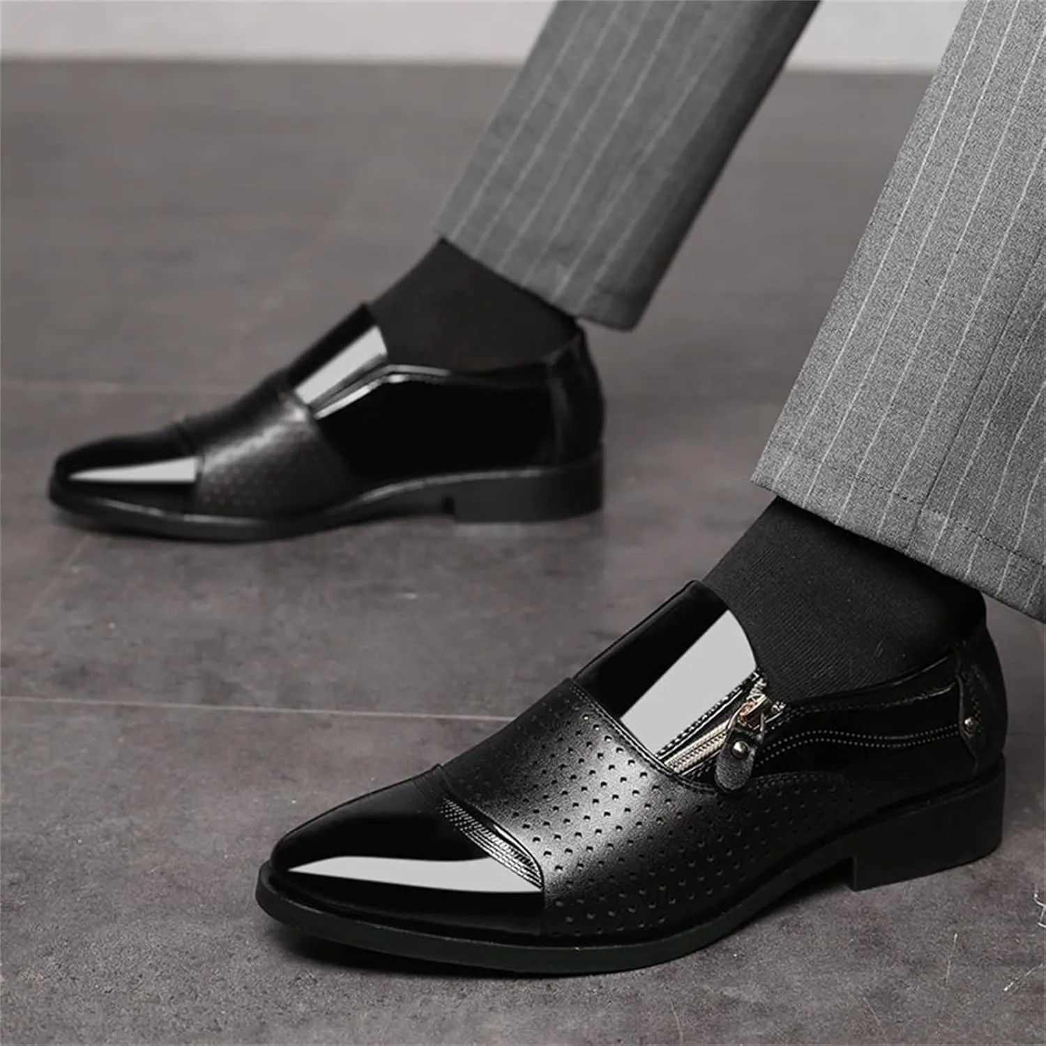 Men's Dress Shoes Black Size 15 Fashion Summer and Autumn Men Leather Shoes Pointed Toe Low Heel Zipper Hollow Breathable Leisure Mens Shoes Business Casual