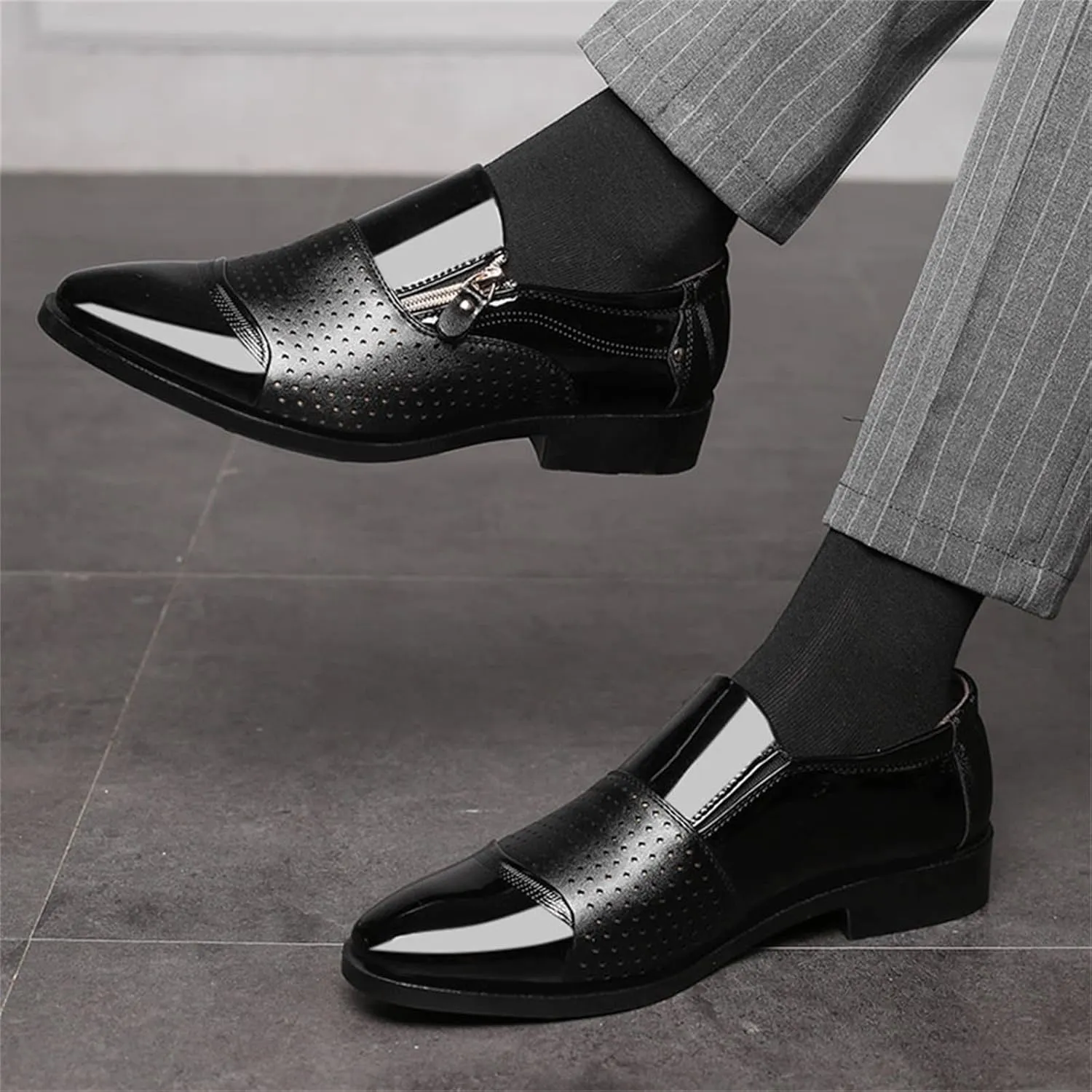 Men's Dress Shoes Black Size 15 Fashion Summer and Autumn Men Leather Shoes Pointed Toe Low Heel Zipper Hollow Breathable Leisure Mens Shoes Business Casual