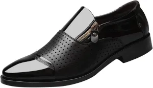 Men's Dress Shoes Black Size 15 Fashion Summer and Autumn Men Leather Shoes Pointed Toe Low Heel Zipper Hollow Breathable Leisure Mens Shoes Business Casual