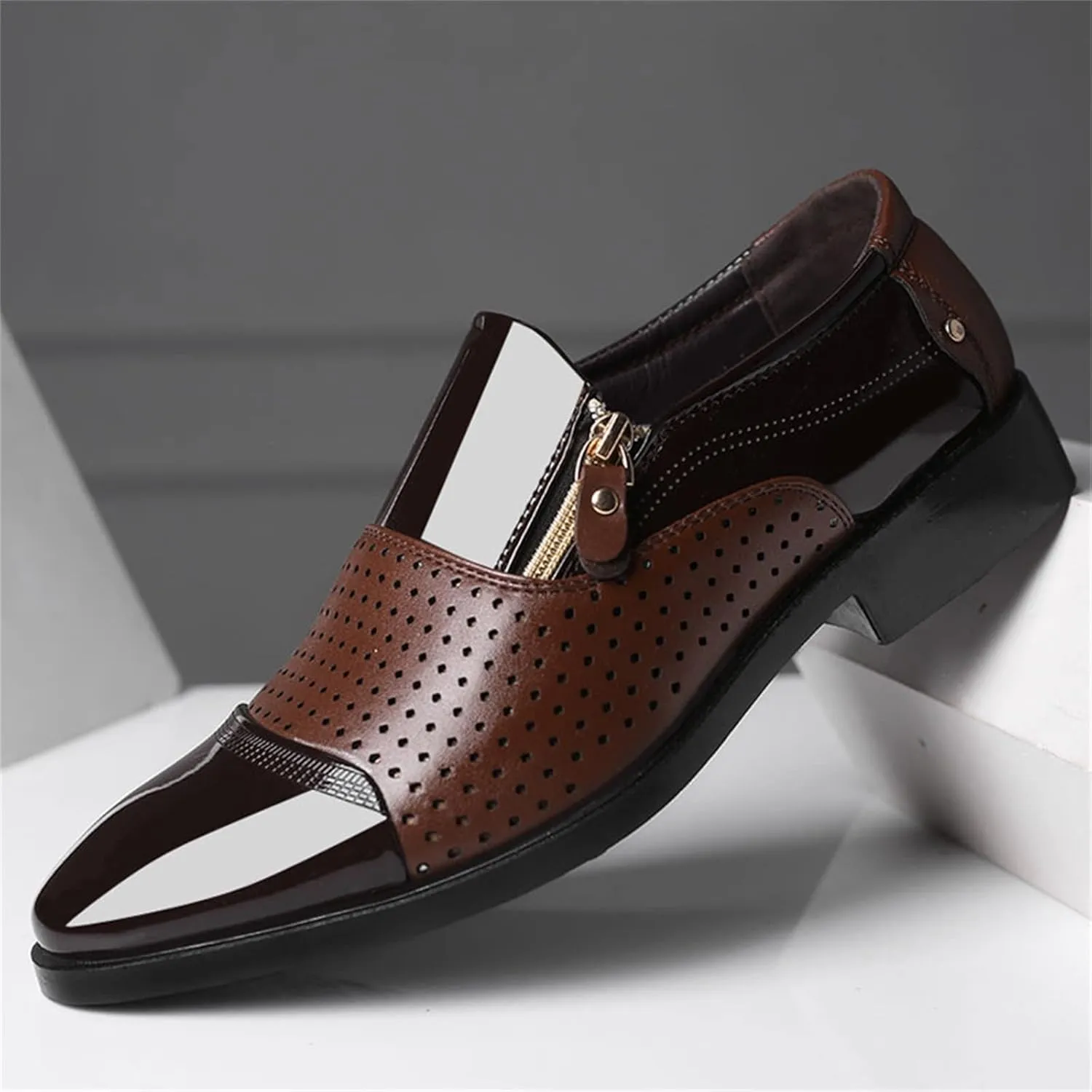 Men's Dress Shoes Black Size 15 Fashion Summer and Autumn Men Leather Shoes Pointed Toe Low Heel Zipper Hollow Breathable Leisure Mens Shoes Business Casual