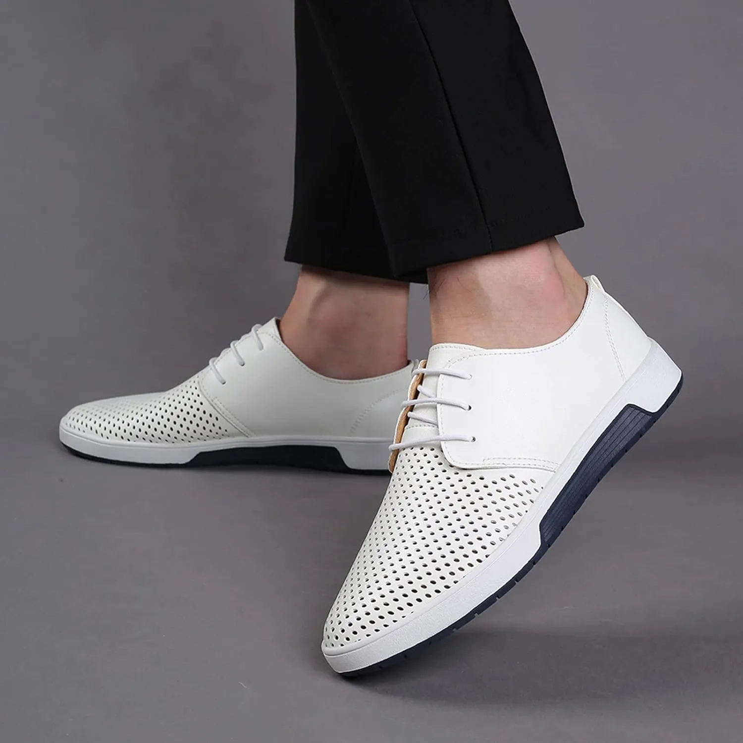 Men's Dress Shoes Wide Width Slip On Summer Style Men's Breathable Comfortable Business Lace Up Leisure Hollow Solid Leather Shoes Men's Comfortable Business Casual Shoes