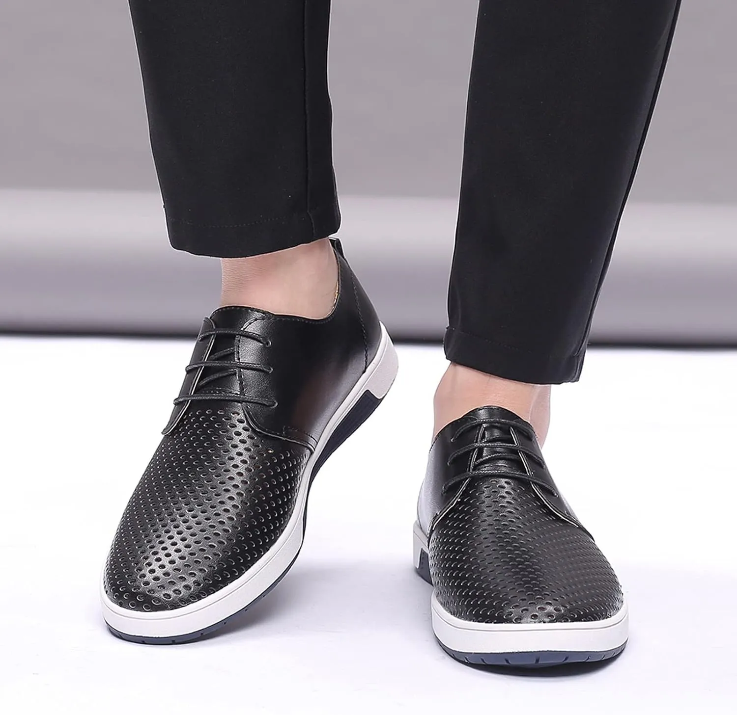 Men's Dress Shoes Wide Width Slip On Summer Style Men's Breathable Comfortable Business Lace Up Leisure Hollow Solid Leather Shoes Men's Comfortable Business Casual Shoes
