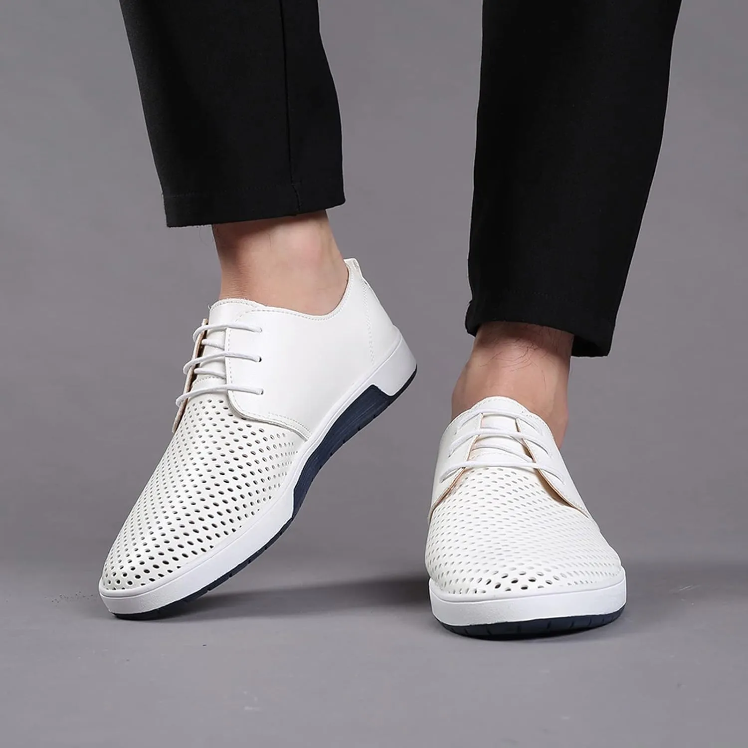 Men's Dress Shoes Wide Width Slip On Summer Style Men's Breathable Comfortable Business Lace Up Leisure Hollow Solid Leather Shoes Men's Comfortable Business Casual Shoes