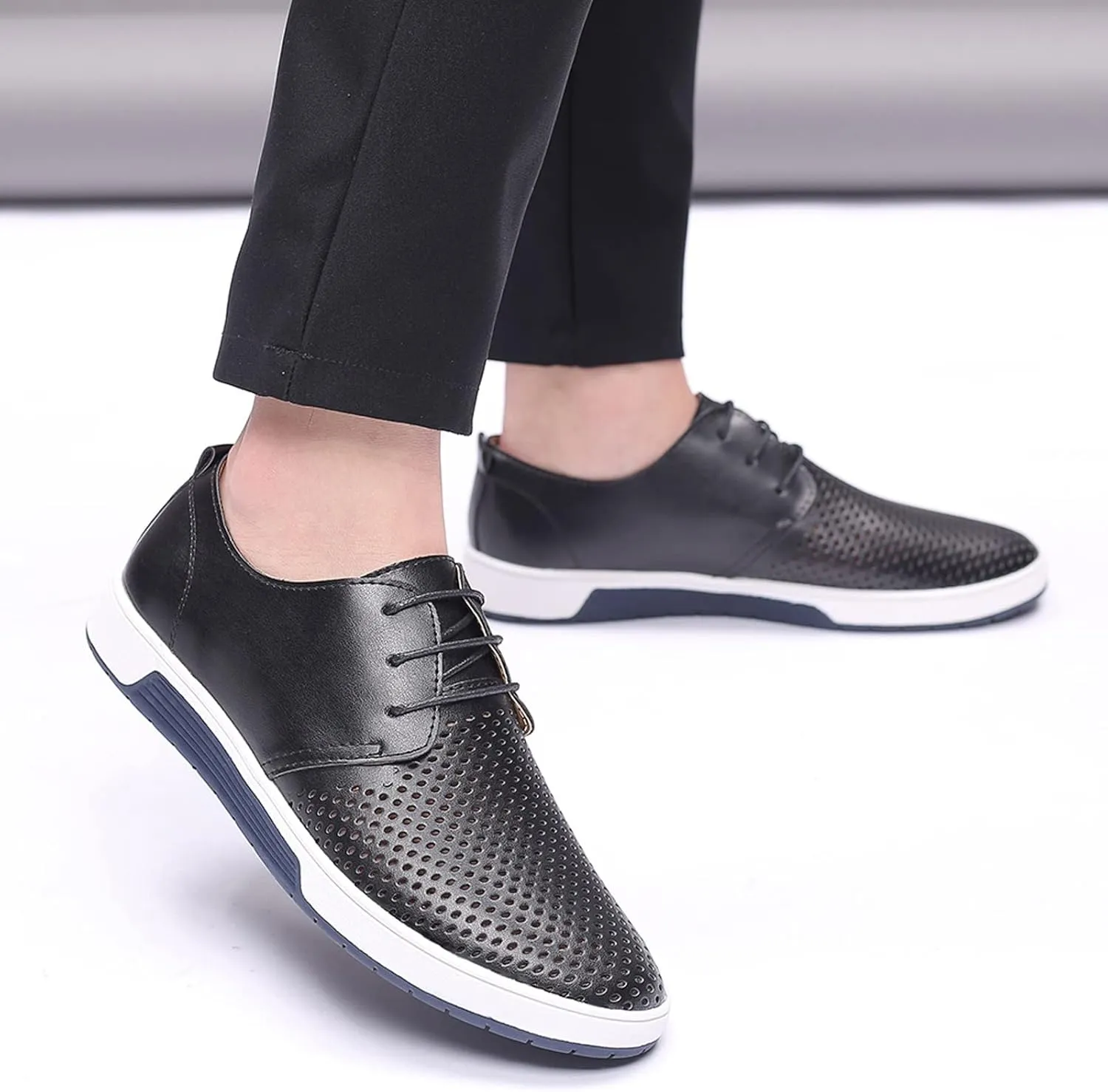 Men's Dress Shoes Wide Width Slip On Summer Style Men's Breathable Comfortable Business Lace Up Leisure Hollow Solid Leather Shoes Men's Comfortable Business Casual Shoes