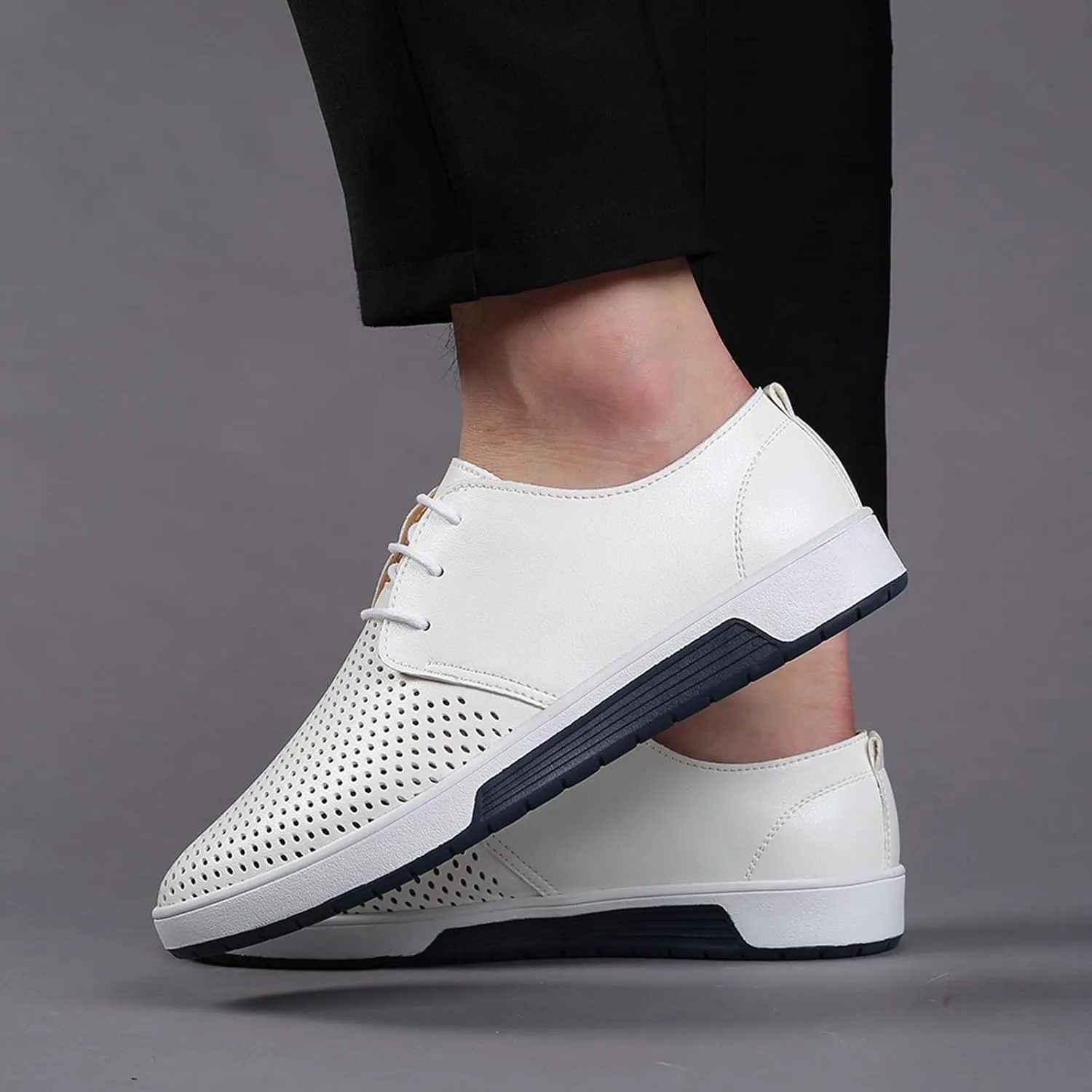 Men's Dress Shoes Wide Width Slip On Summer Style Men's Breathable Comfortable Business Lace Up Leisure Hollow Solid Leather Shoes Men's Comfortable Business Casual Shoes