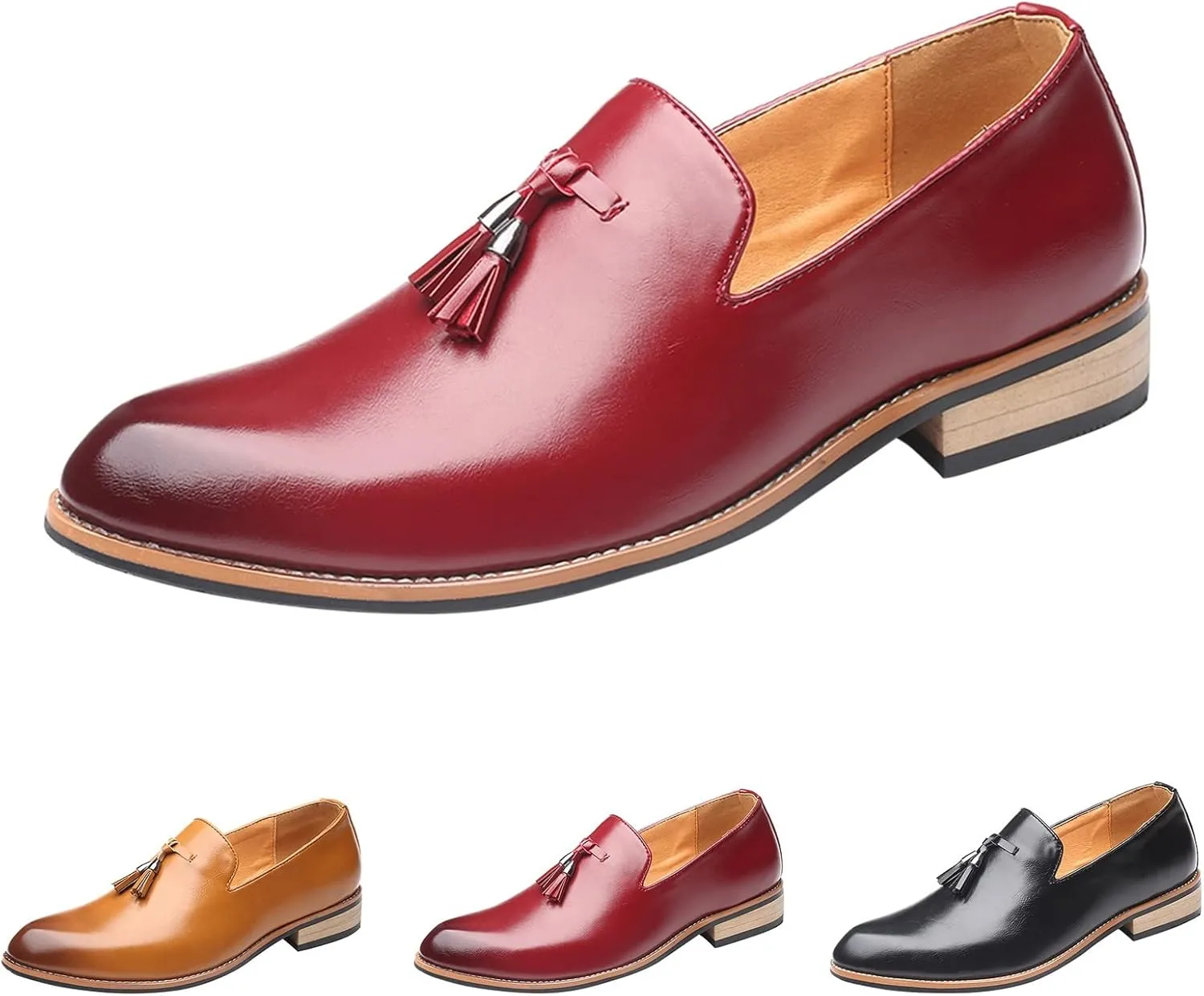 Mens Elegant Slip on Loafers Low Heel Matte Leather Shoes Comfortable Business Formal Shoe Retro Dress Loafers with Arch Support Casual Work Office Leather Shoes Men Fashion Suit Dating Shoe