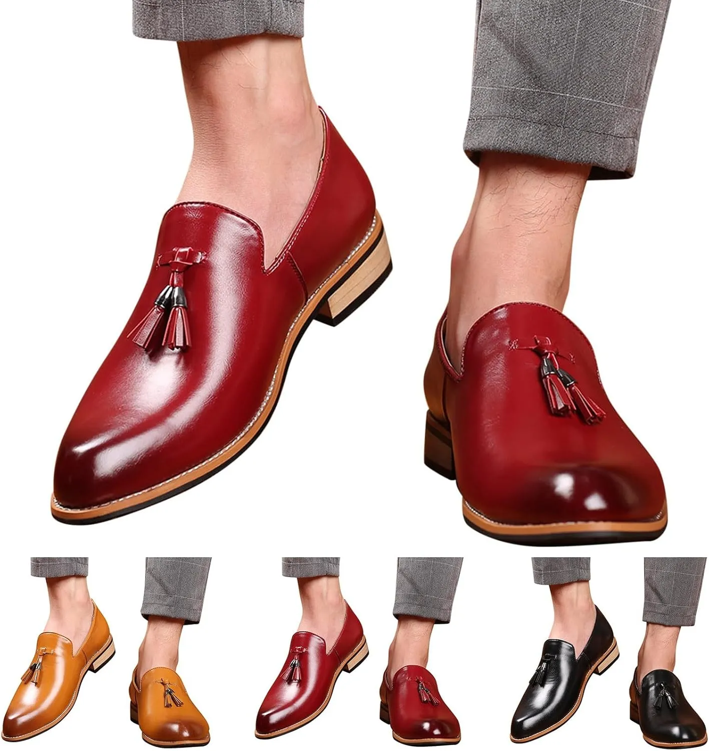 Mens Elegant Slip on Loafers Low Heel Matte Leather Shoes Comfortable Business Formal Shoe Retro Dress Loafers with Arch Support Casual Work Office Leather Shoes Men Fashion Suit Dating Shoe