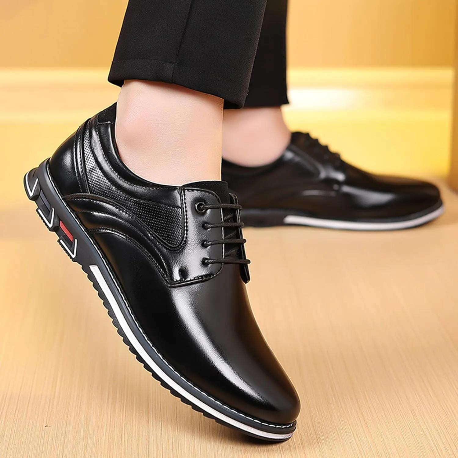Mens Flat Walking Oxfords Lace up Patent Leather Shoes Modern Dress Shoes for Men with Comfortable Sole Arch Support Oxfords Shoe Business Formal Shoe Men Waterproof Durbale Derby