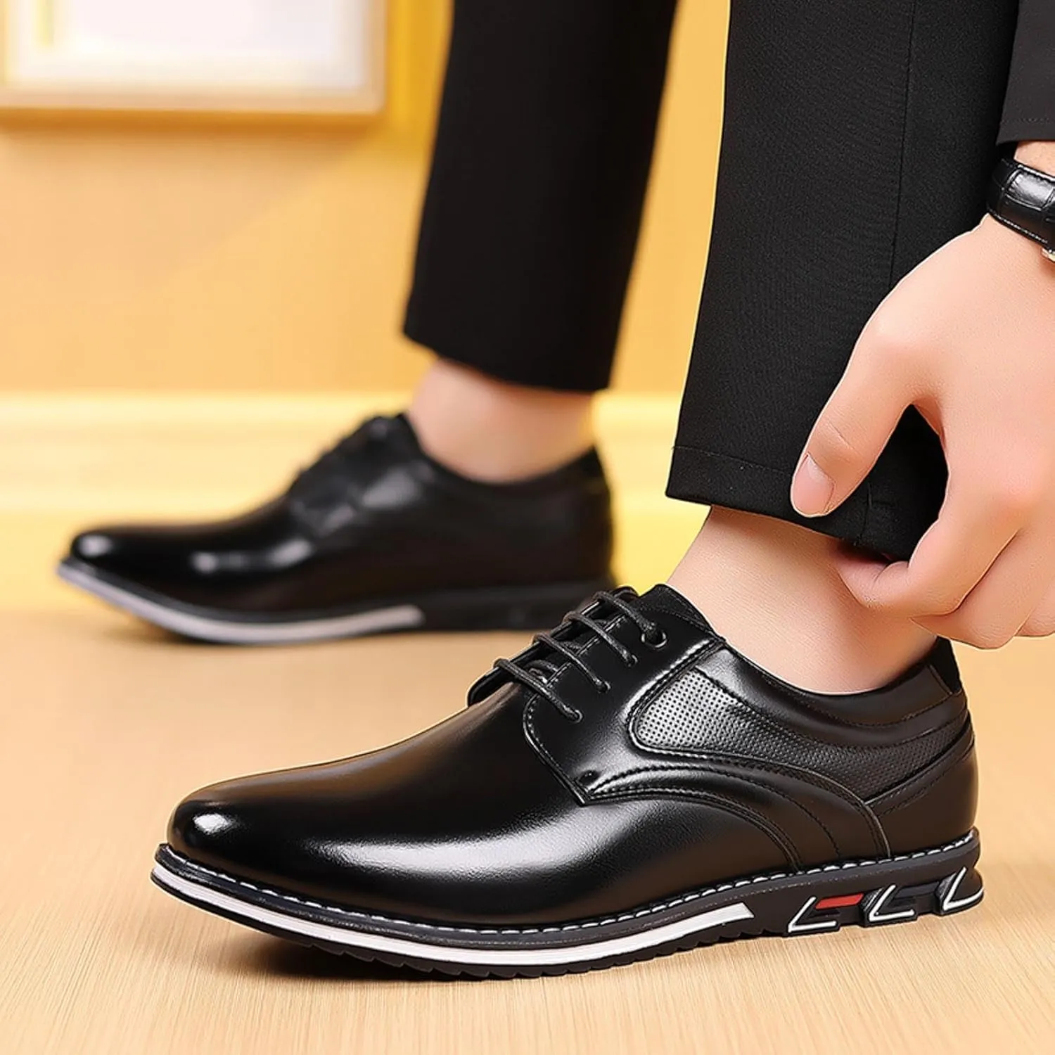 Mens Flat Walking Oxfords Lace up Patent Leather Shoes Modern Dress Shoes for Men with Comfortable Sole Arch Support Oxfords Shoe Business Formal Shoe Men Waterproof Durbale Derby