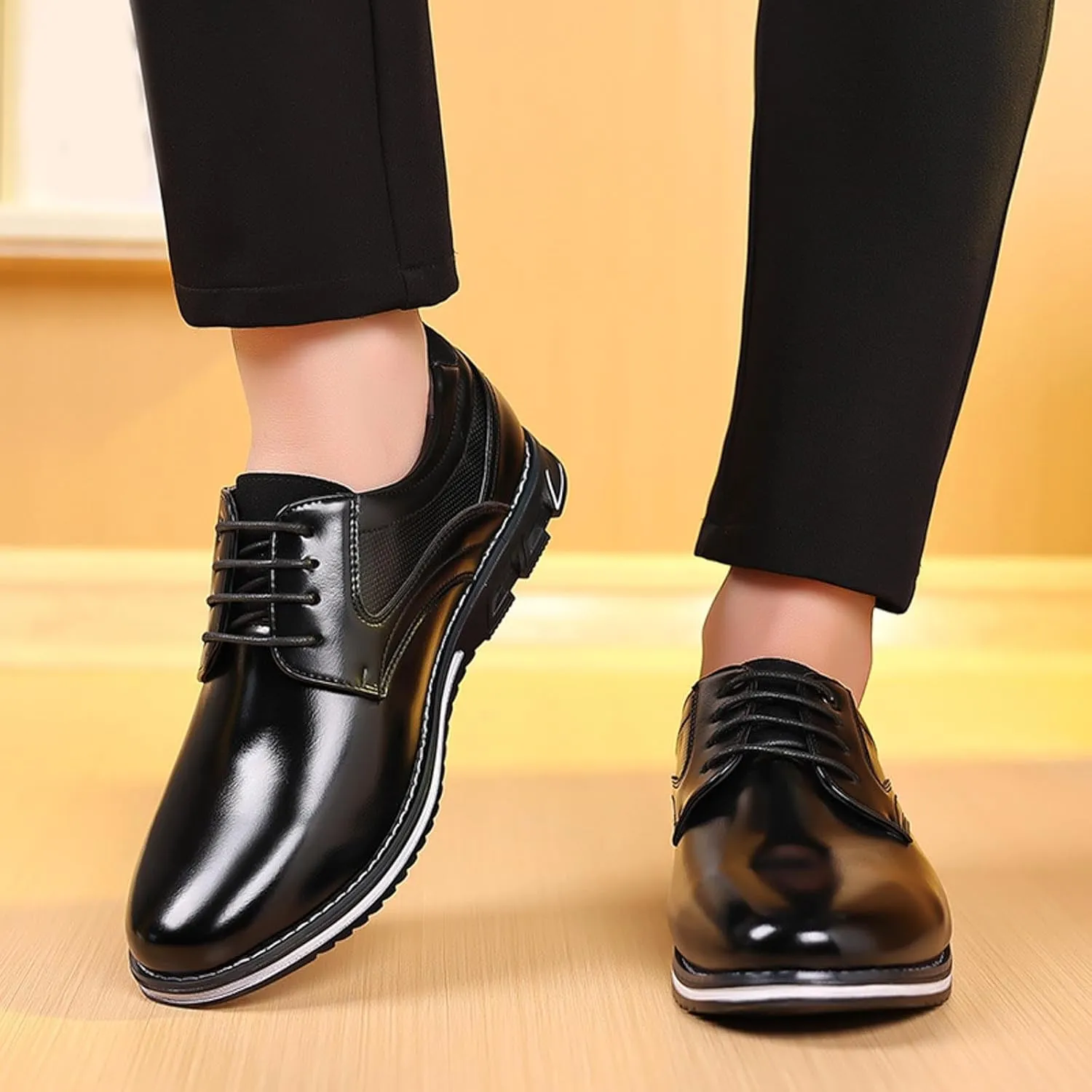 Mens Flat Walking Oxfords Lace up Patent Leather Shoes Modern Dress Shoes for Men with Comfortable Sole Arch Support Oxfords Shoe Business Formal Shoe Men Waterproof Durbale Derby