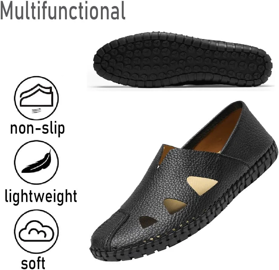 Mens Genuine Leather Loafers Soft Sole Non-Slip Driving Shoes Soft Lightweight Walking Shoes Fashion Casual Shoes