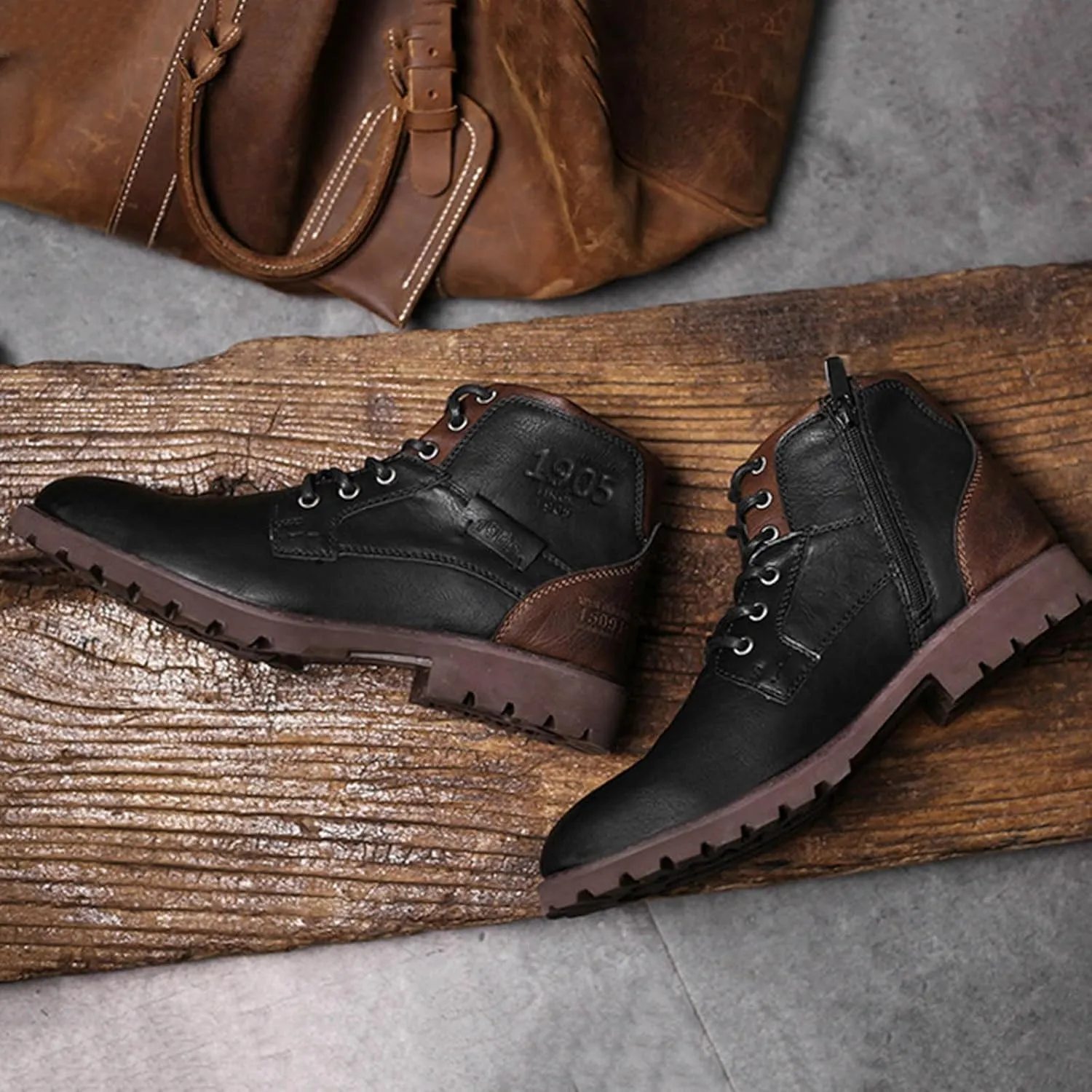 Mens High Top Leather Shoes Non Slip Waterproof Dress Boots Supple Business Formal Boots Lace Up Leather Sneakers Durable Casual Boot for Men with Non Slip Comfort Sole
