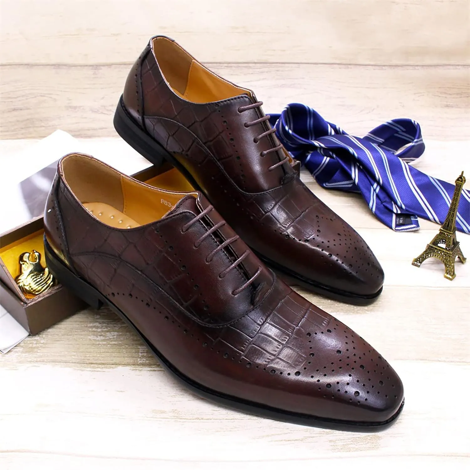 Men's Lace-up Brogues Casual Oxford Shoes Formal Derbys Breathable Leather Dress Shoes,Brown-40