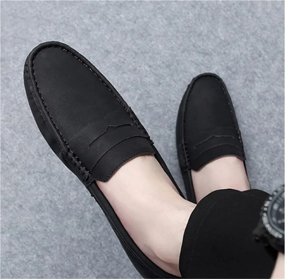 Mens Leather Loafers Slip On Driving Shoes Flat Heel Comfortable Walking Shoes Classic Solid Color Casual