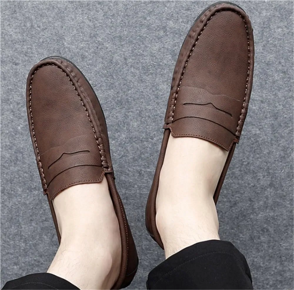 Mens Leather Loafers Slip On Driving Shoes Flat Heel Comfortable Walking Shoes Classic Solid Color Casual