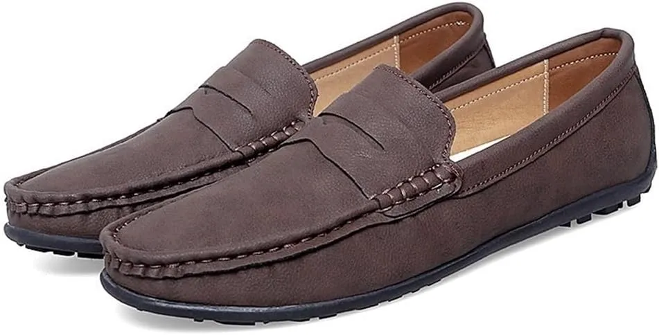 Mens Leather Loafers Slip On Driving Shoes Flat Heel Comfortable Walking Shoes Classic Solid Color Casual