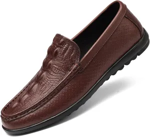Men's Leather Print Slip-On Loafers,Soft Leather Casual Driving Penny Shoes,Comfortable Classic Moccasin Boat Shoes