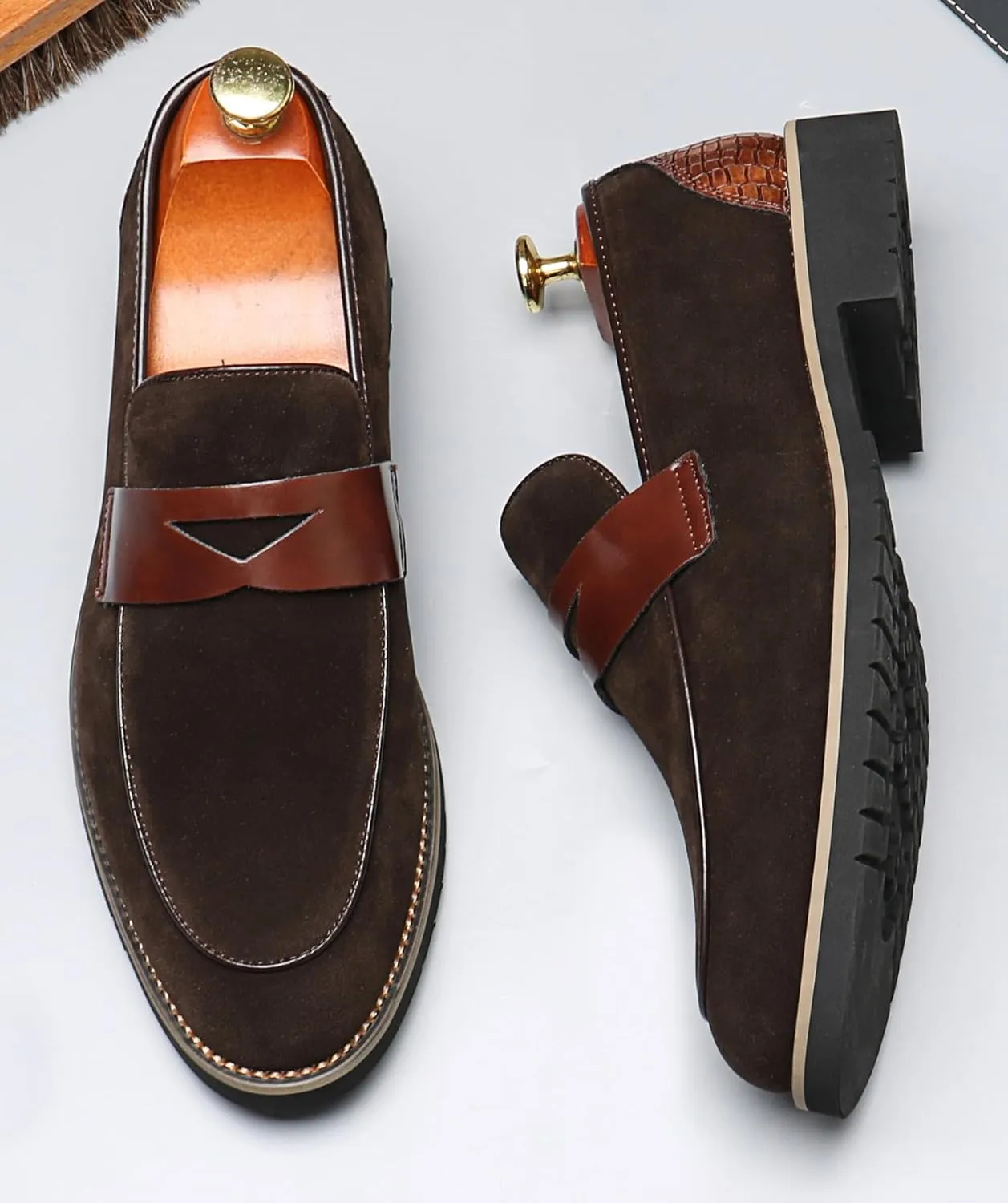 Mens Loafers Formal Dress Slip On for Men Prom Suede Penny Loafers Tuxedo Wedding Business Casual Moccasins Brown Dress Shoes for Men